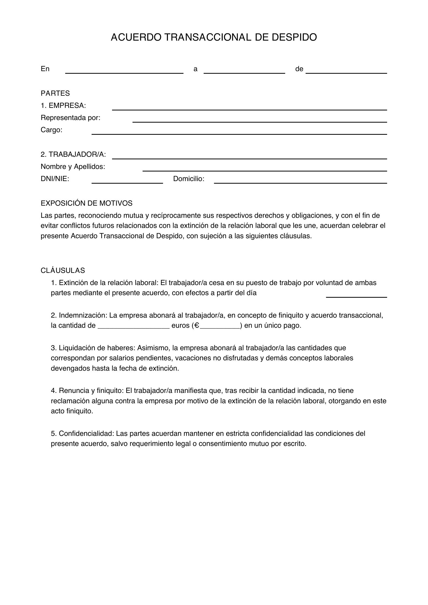Modelo Acuerdo Transaccional Despido