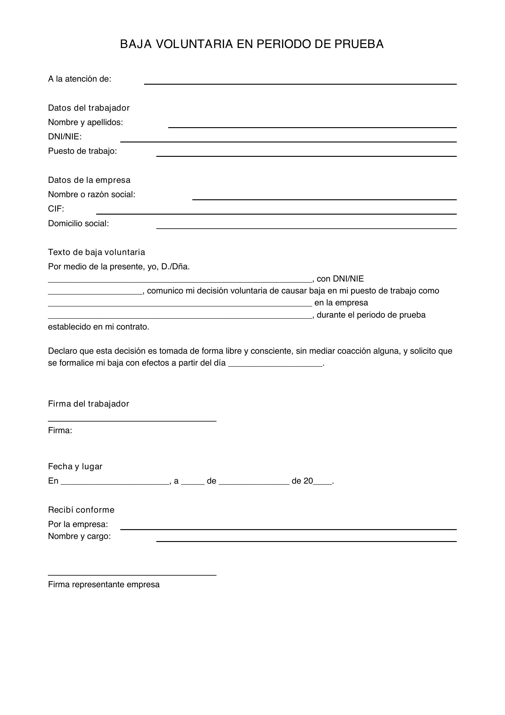 Modelo Baja Voluntaria En Periodo De Prueba