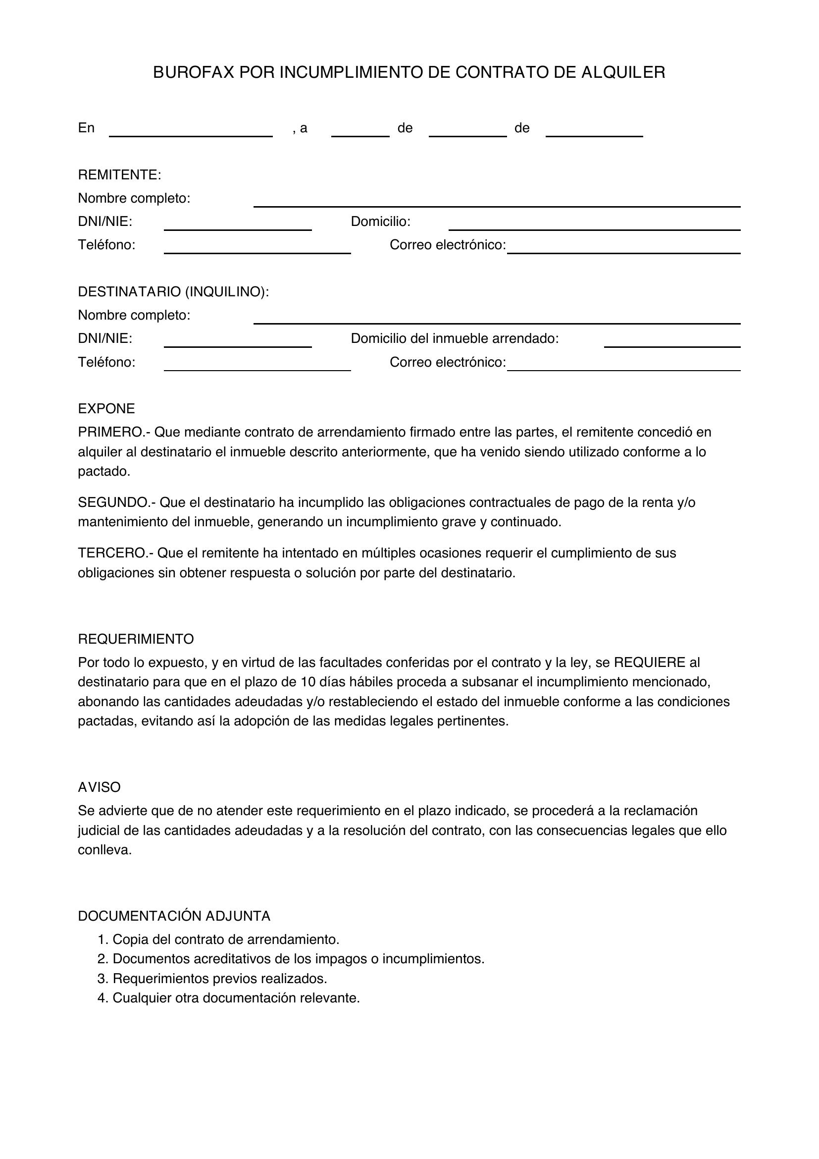 Modelo De Burofax Por Incumplimiento De Contrato De Alquiler
