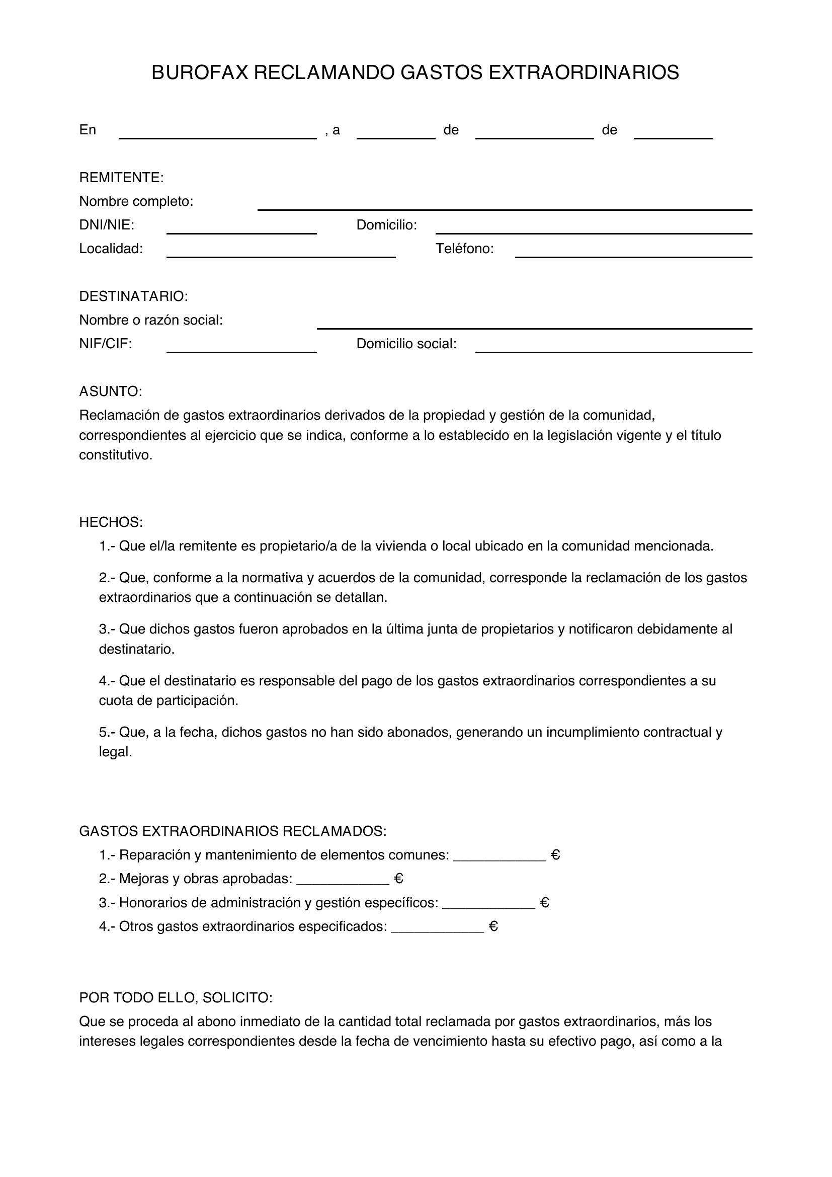 Modelo Burofax Reclamando Gastos Extraordinarios
