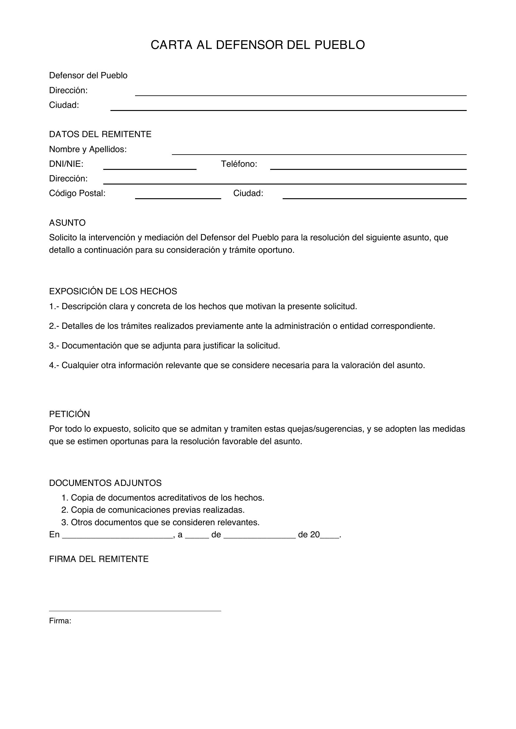 Modelo De Carta Al Defensor Del Pueblo