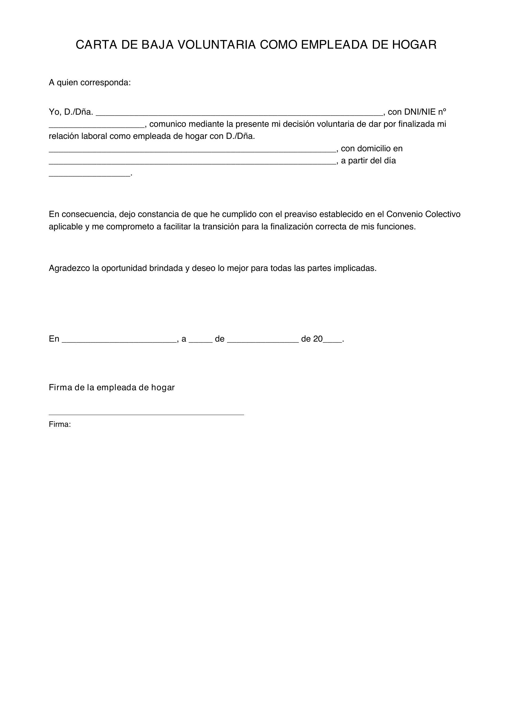 Modelo Carta Baja Voluntaria Empleada De Hogar
