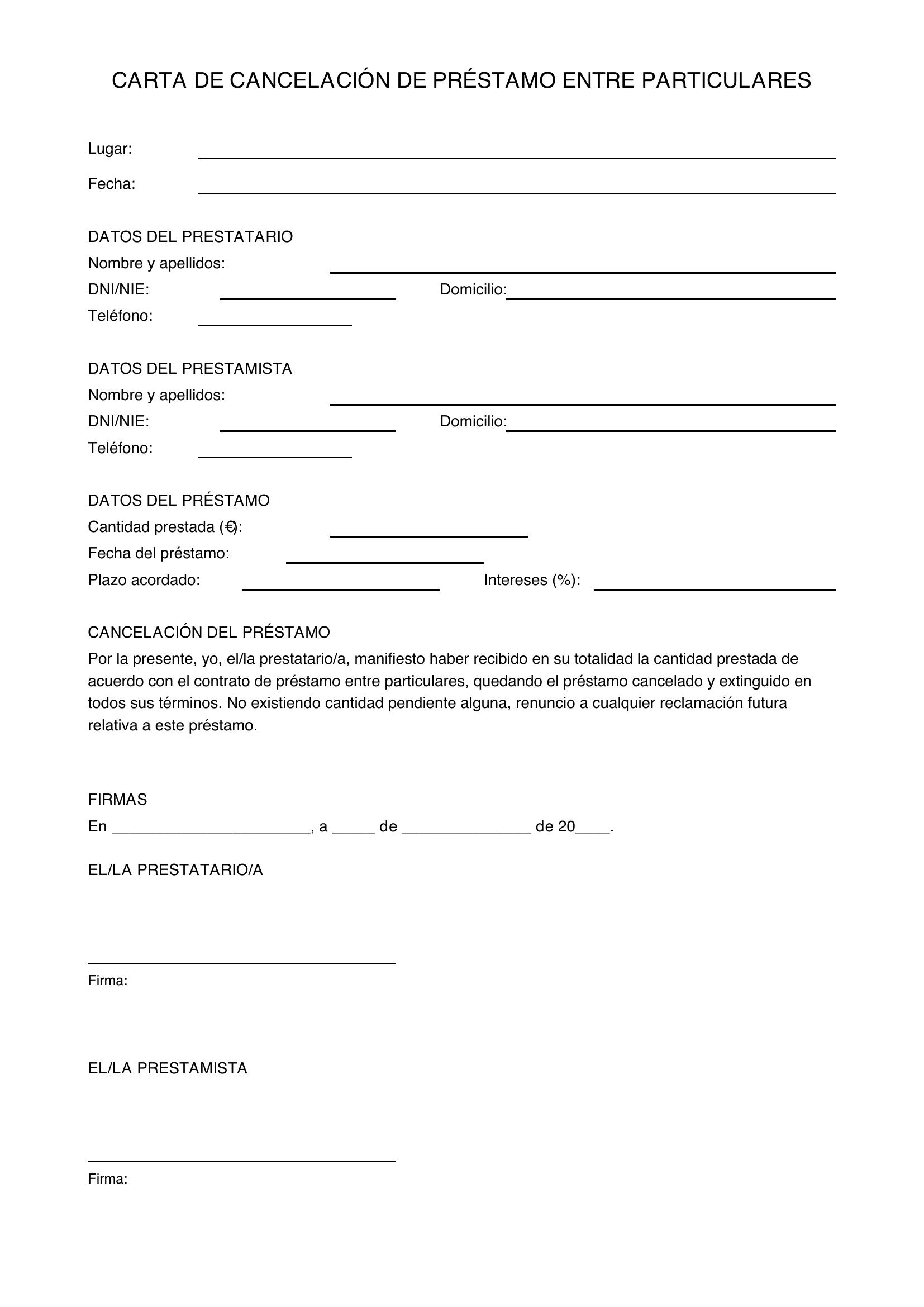 Modelo Carta Cancelación Préstamo Entre Particulares