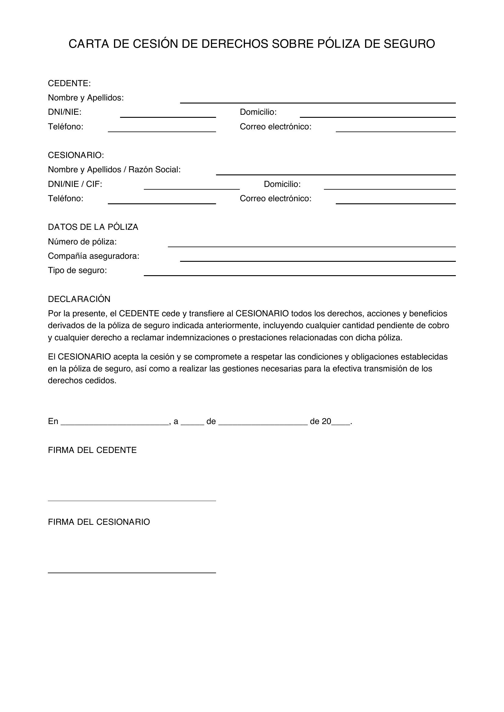Modelo Carta Cesión Derechos Póliza Seguro