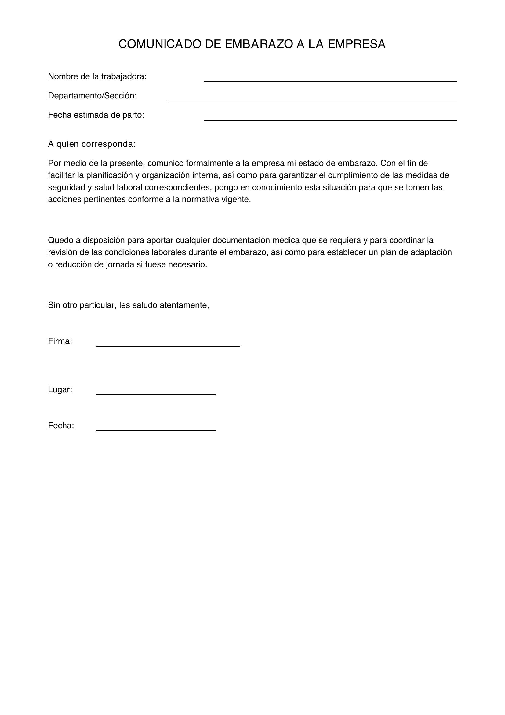 Modelo Carta Comunicado De Embarazo A La Empresa
