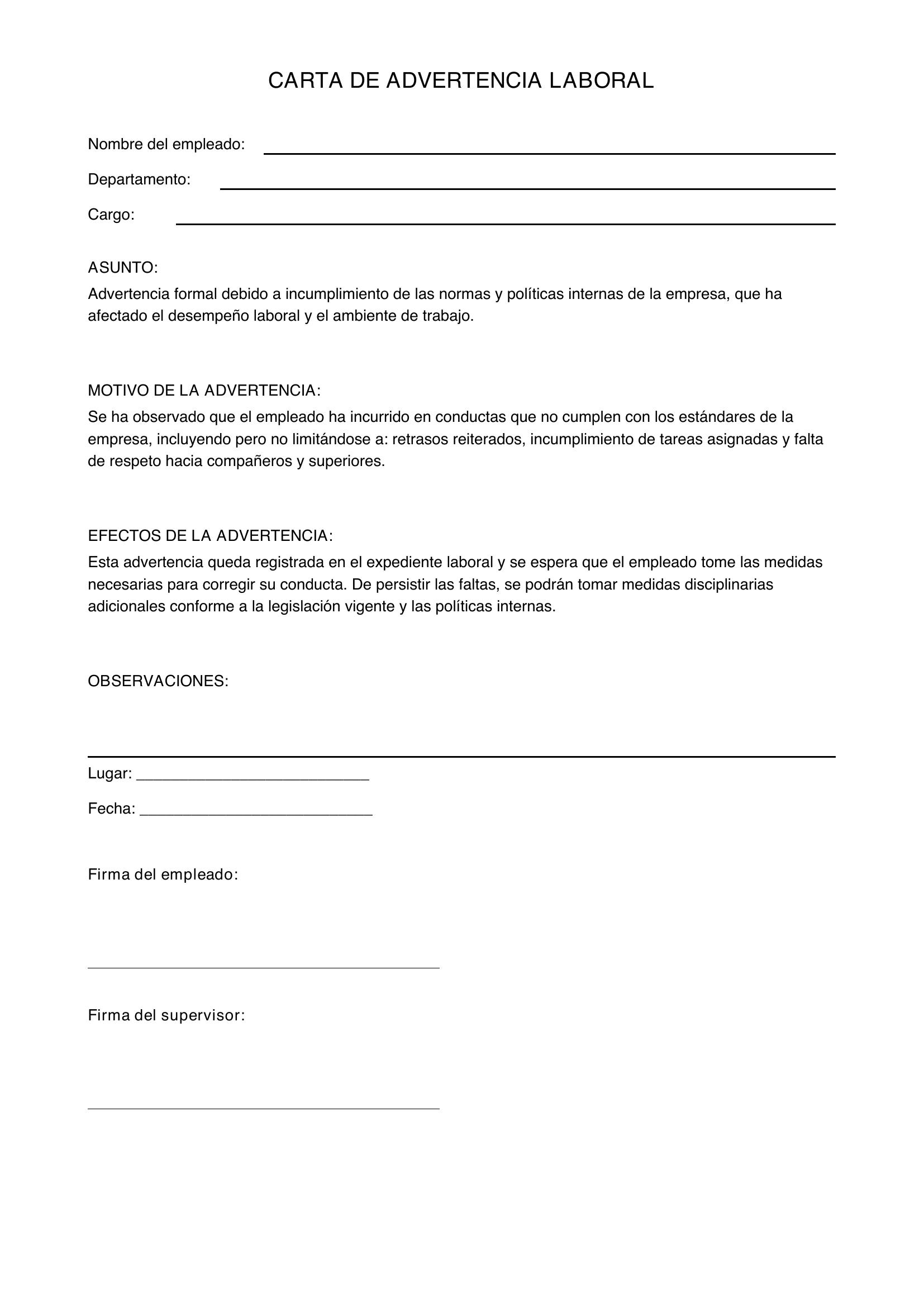 Modelo De Carta De Advertencia Laboral