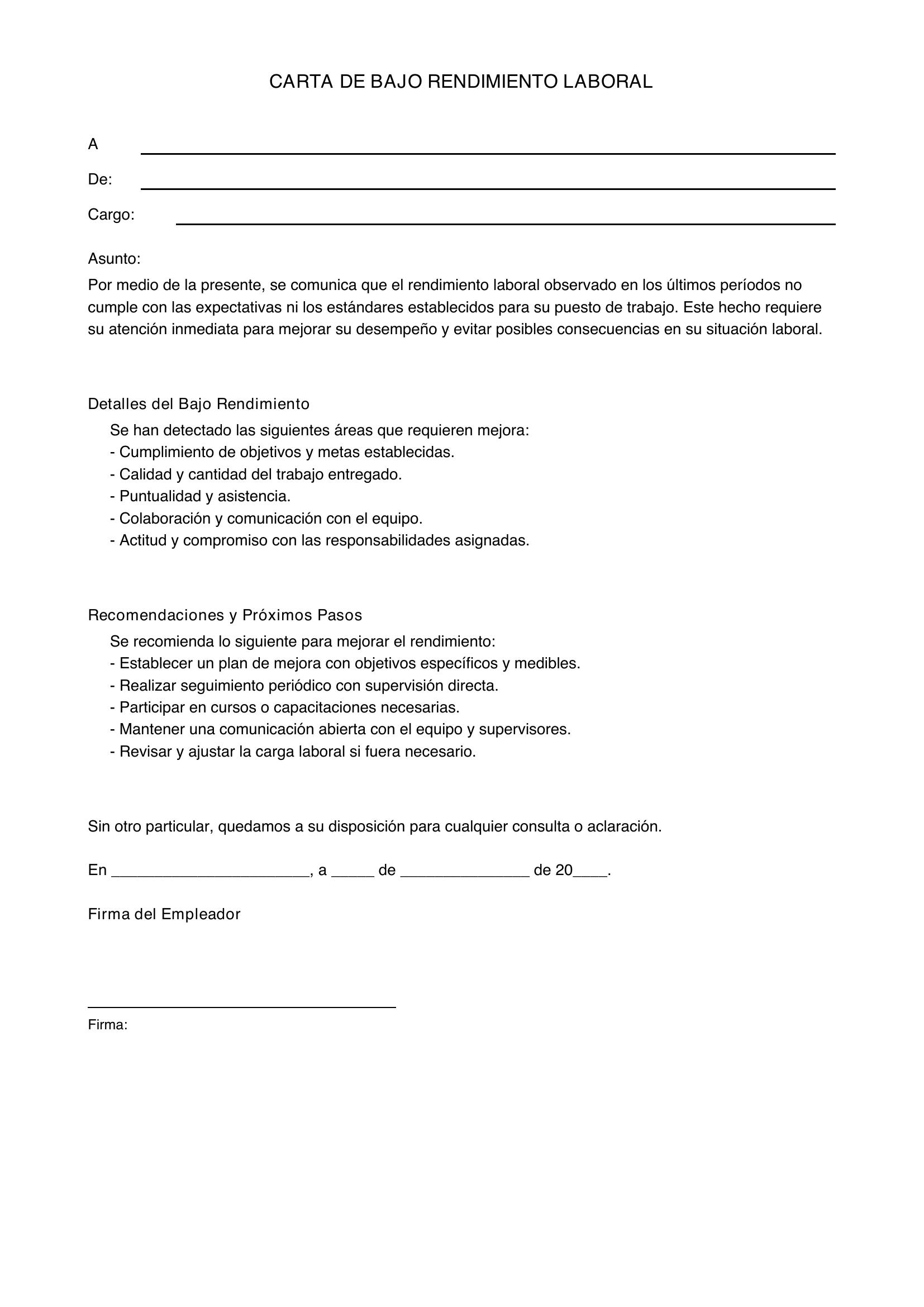 Carta De Bajo Rendimiento Laboral