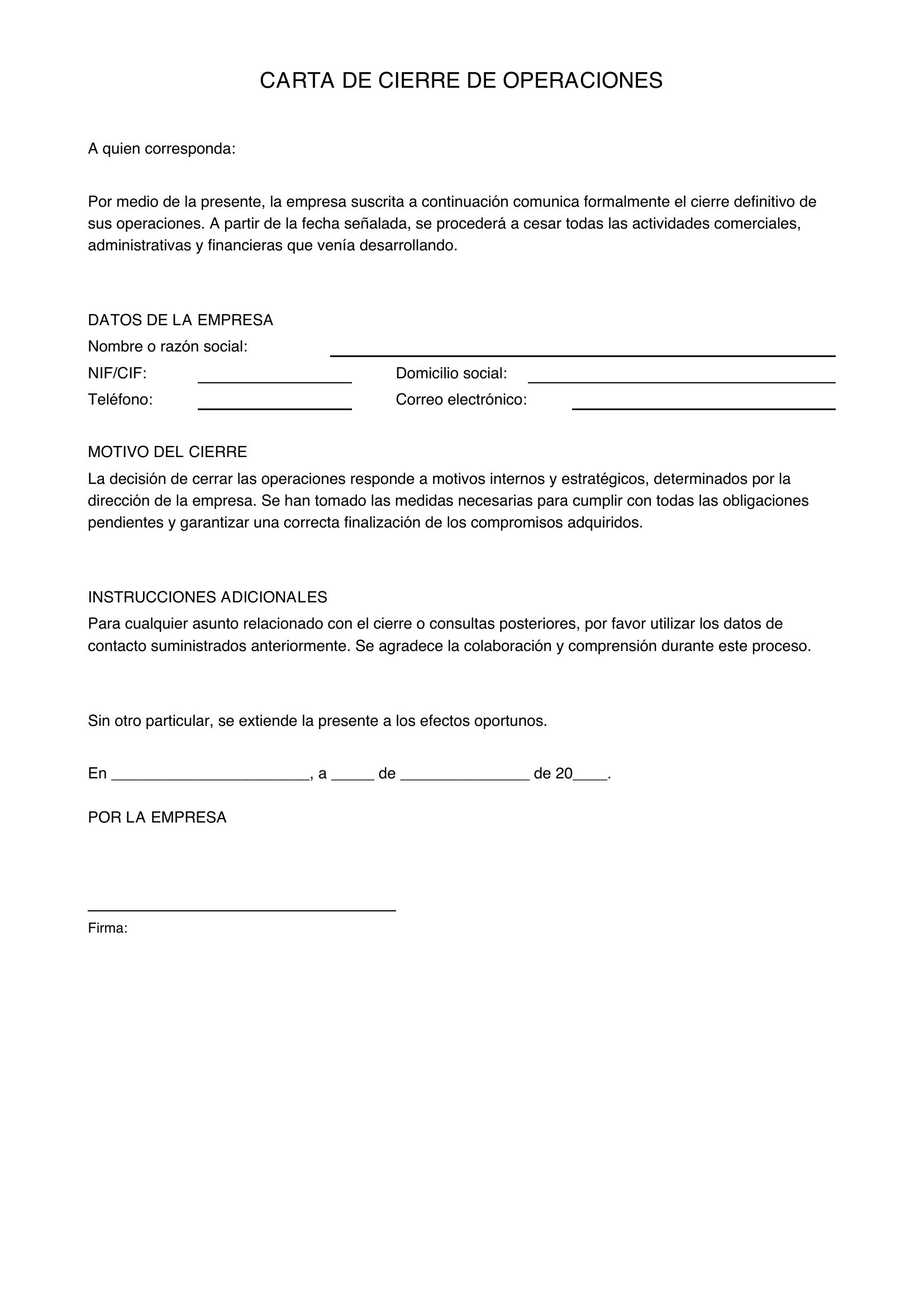 Carta De Cierre De Operaciones De Una Empresa