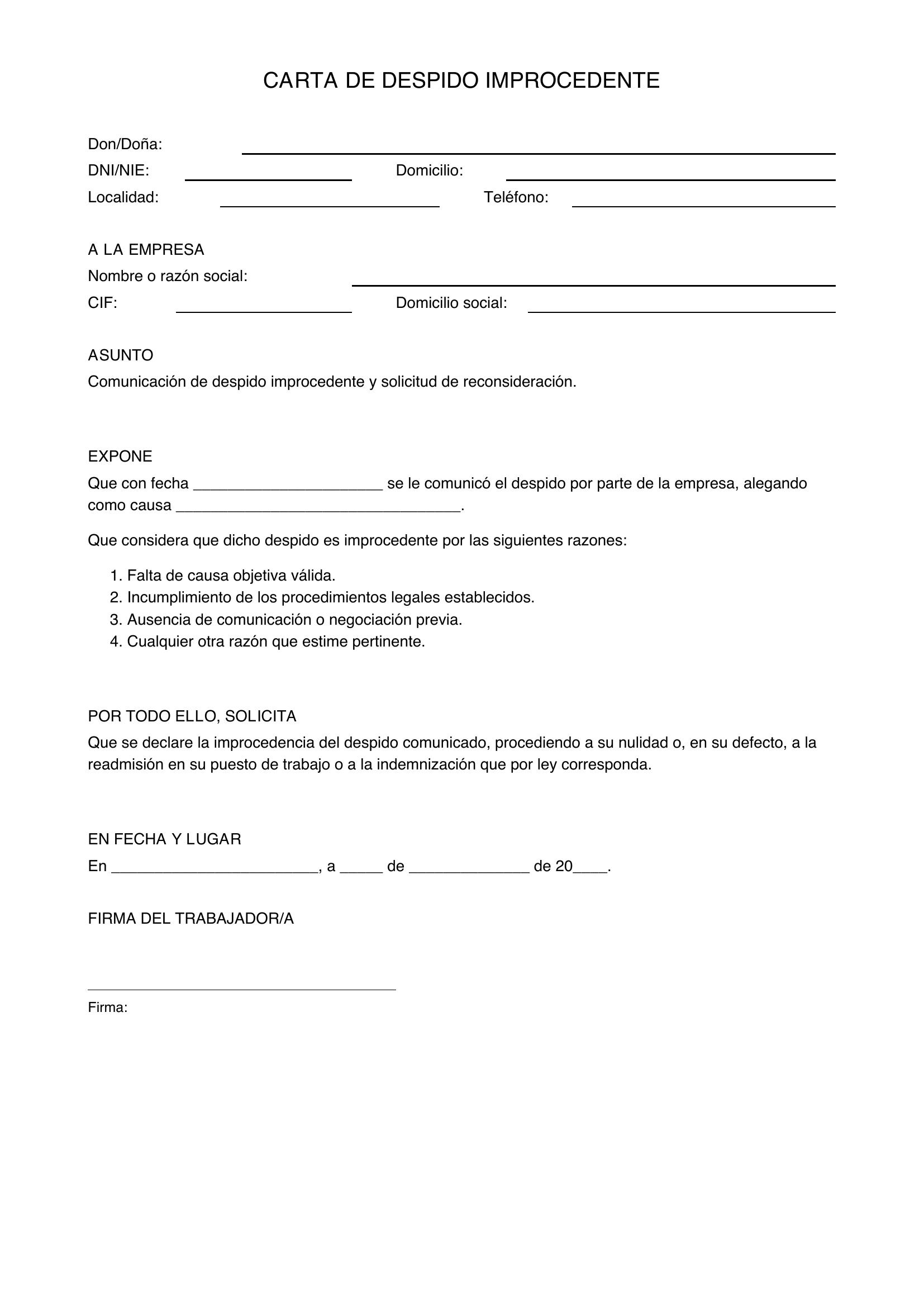 Carta De Despido Improcedente