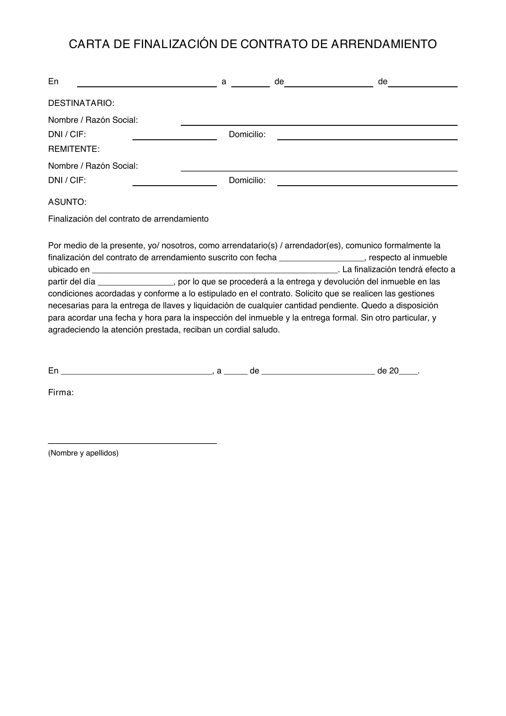 Modelo De Carta De Finalización De Contrato De Arrendamiento