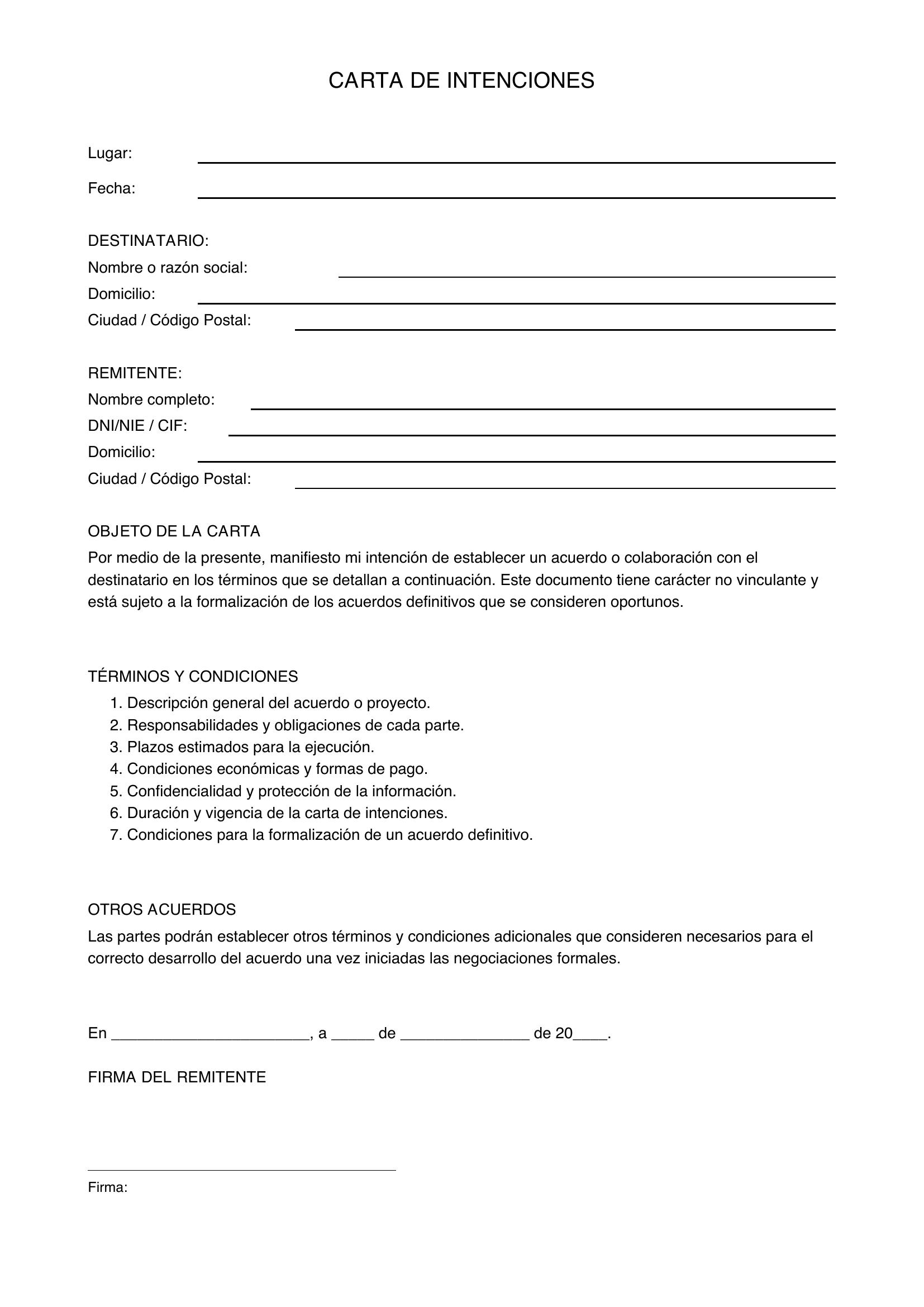 Carta De Intenciones Modelo