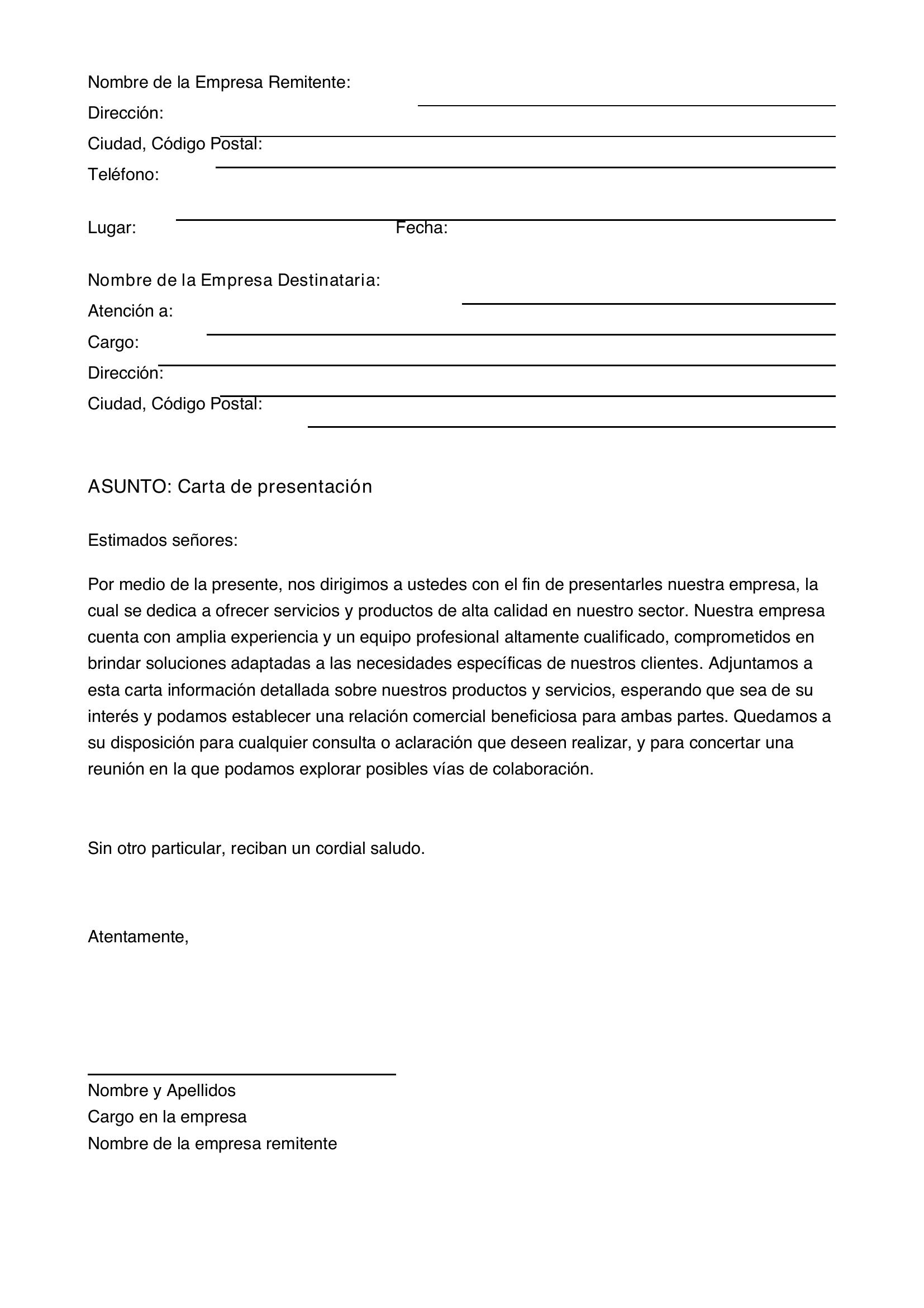Carta De Presentación De Una Empresa A Otra Empresa