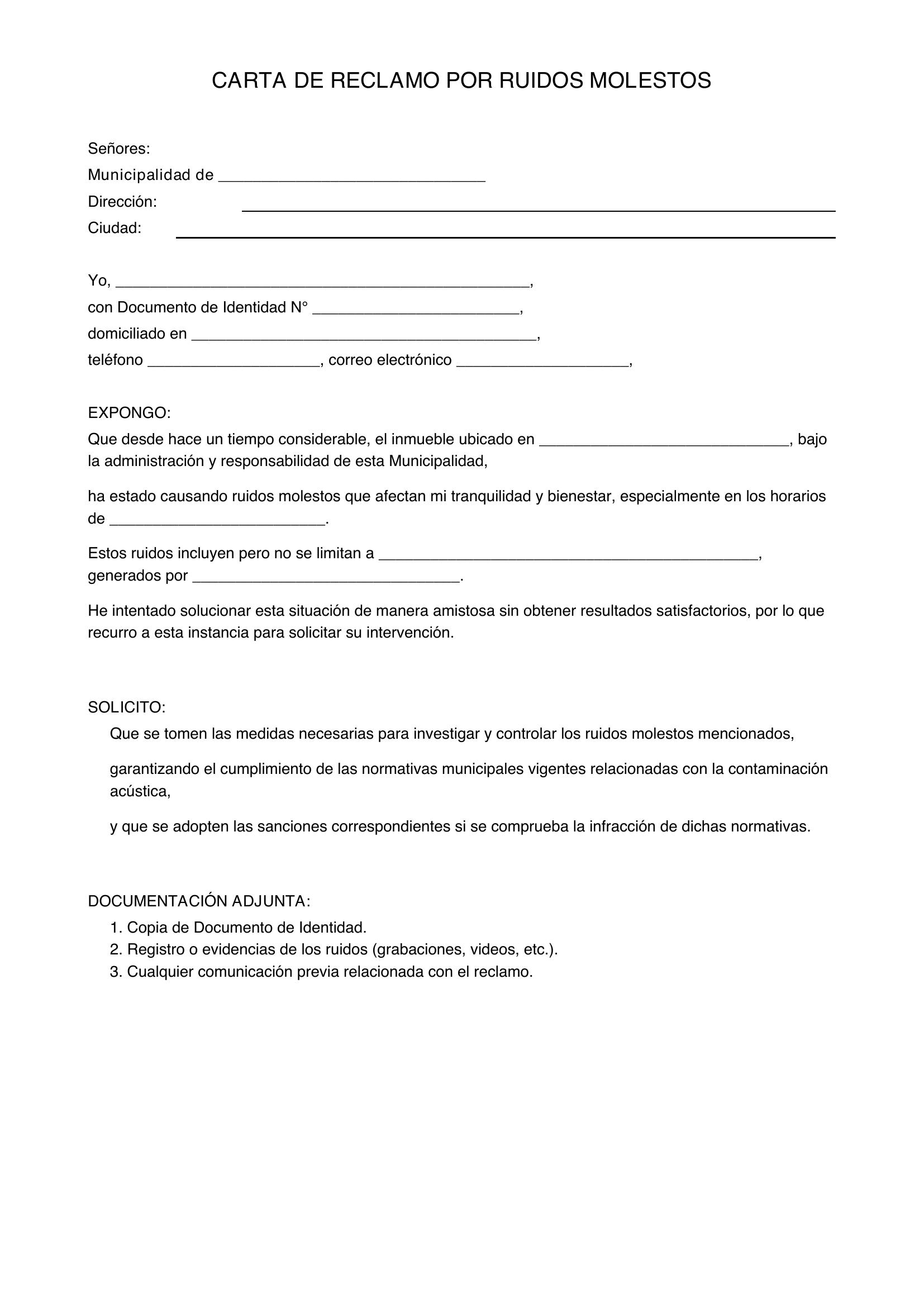 Modelo De Carta De Reclamo Ala Municipalidad Por Ruidos Molestos