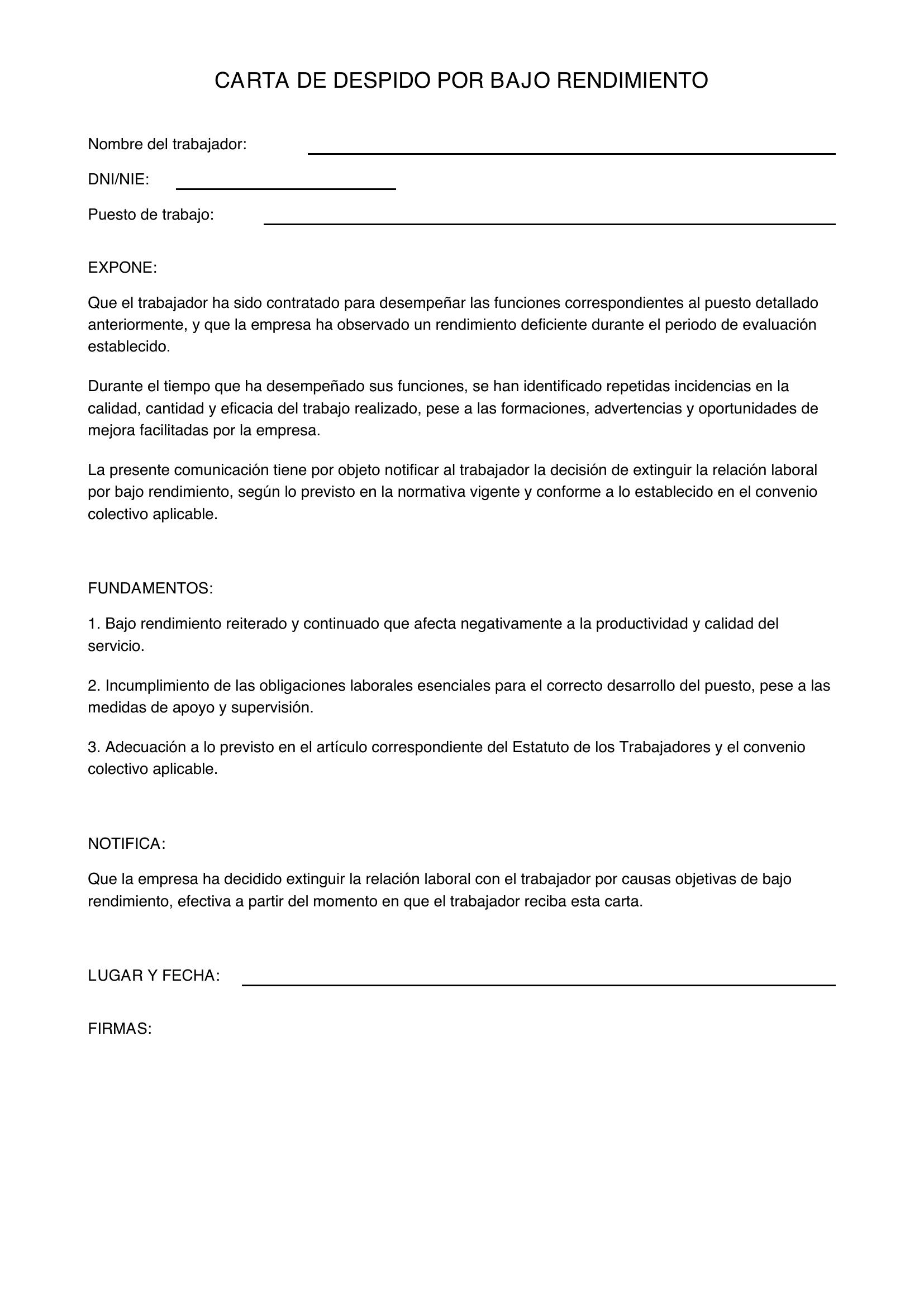 Carta Despido Bajo Rendimiento