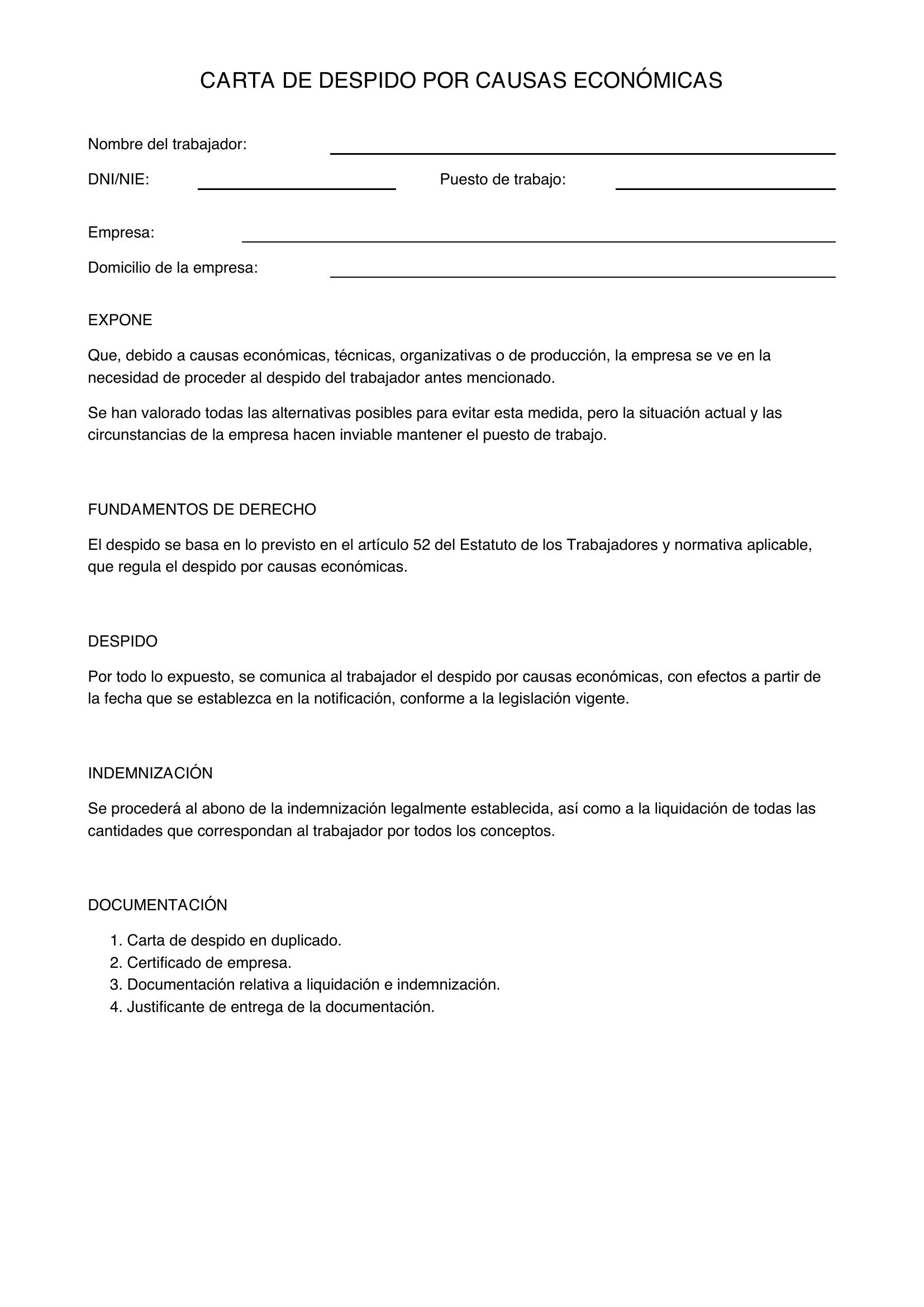 Modelo Carta Despido Causas Economicas
