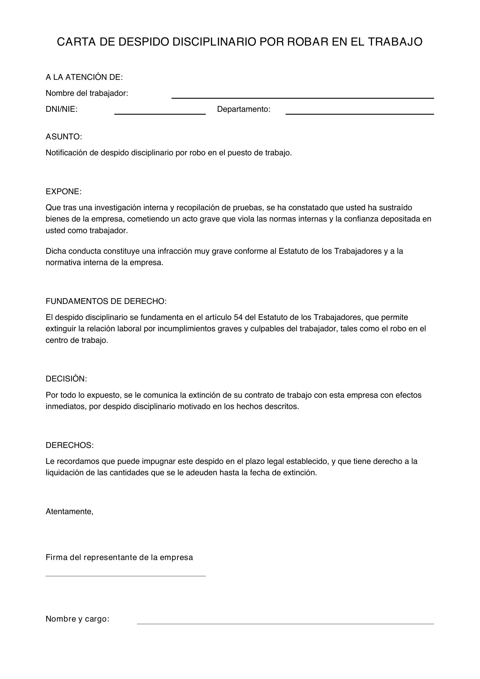 Modelo Carta Despido Disciplinario Por Robar En El Trabajo