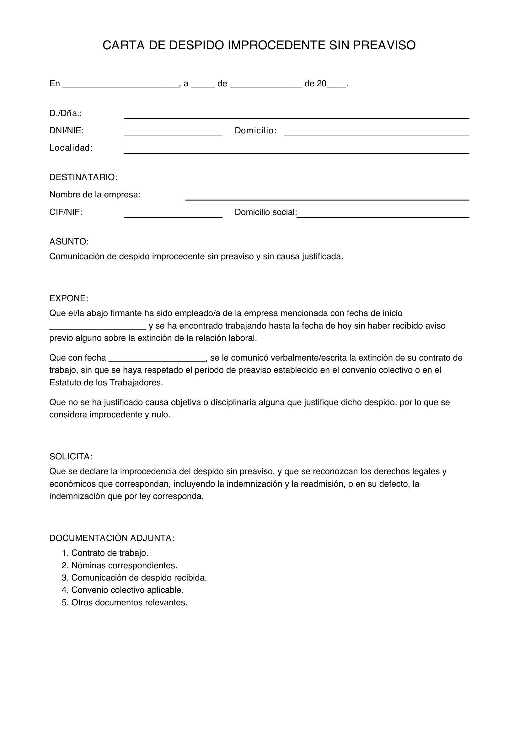 Modelo Carta Despido Improcedente Sin Preaviso