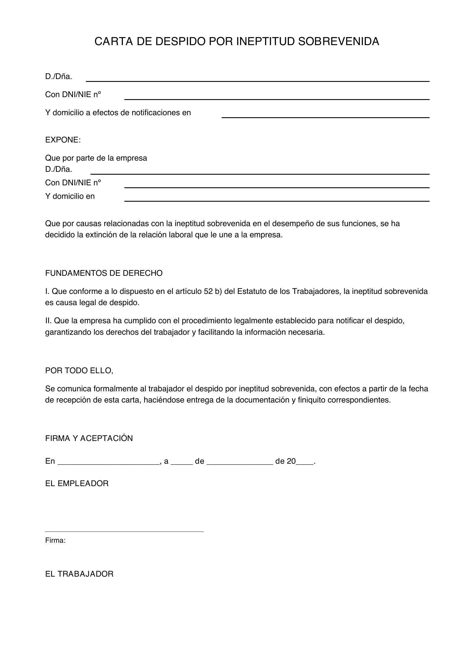 Modelo Carta Despido Ineptitud Sobrevenida