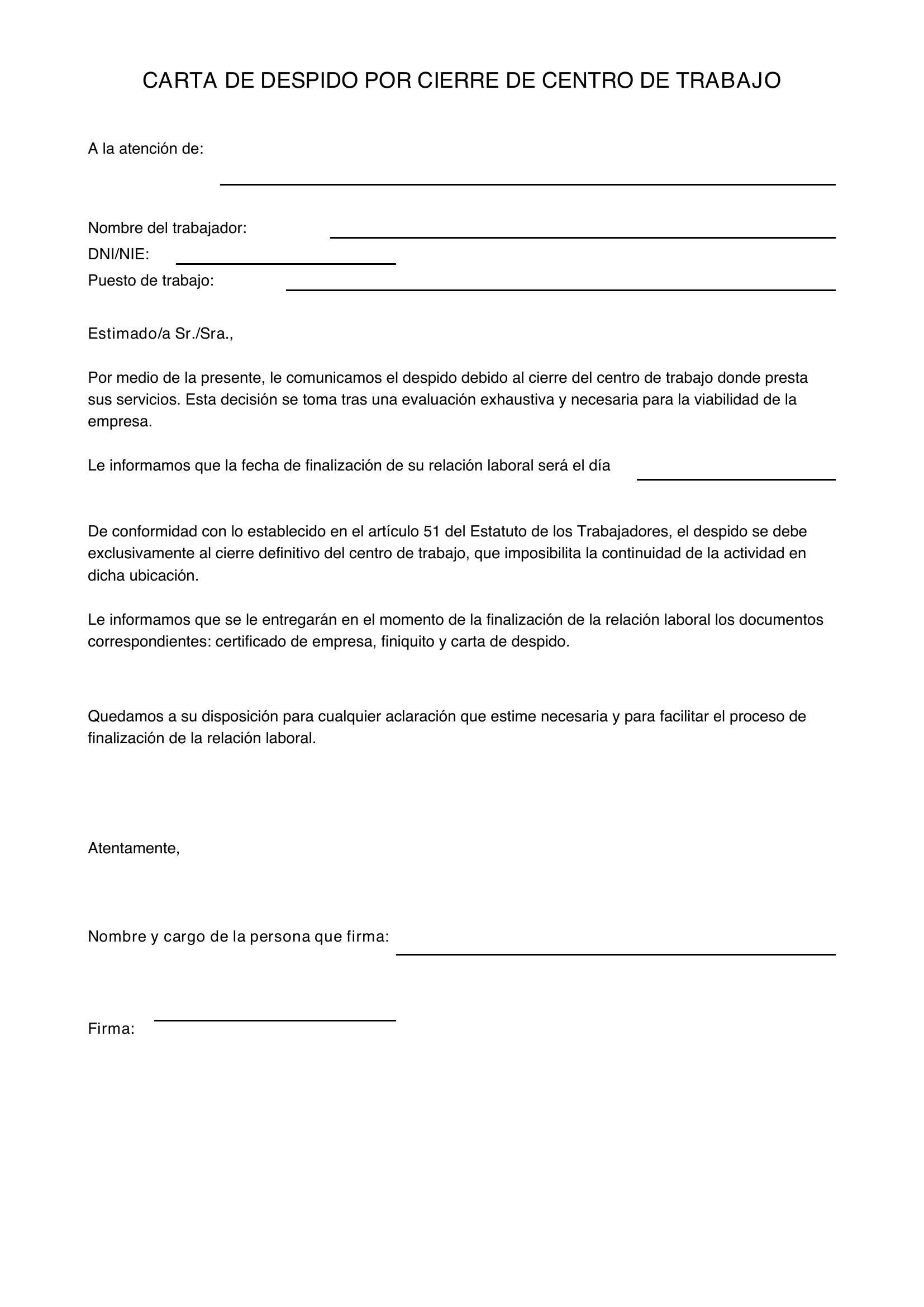 Modelo Carta Despido Por Cierre De Centro De Trabajo