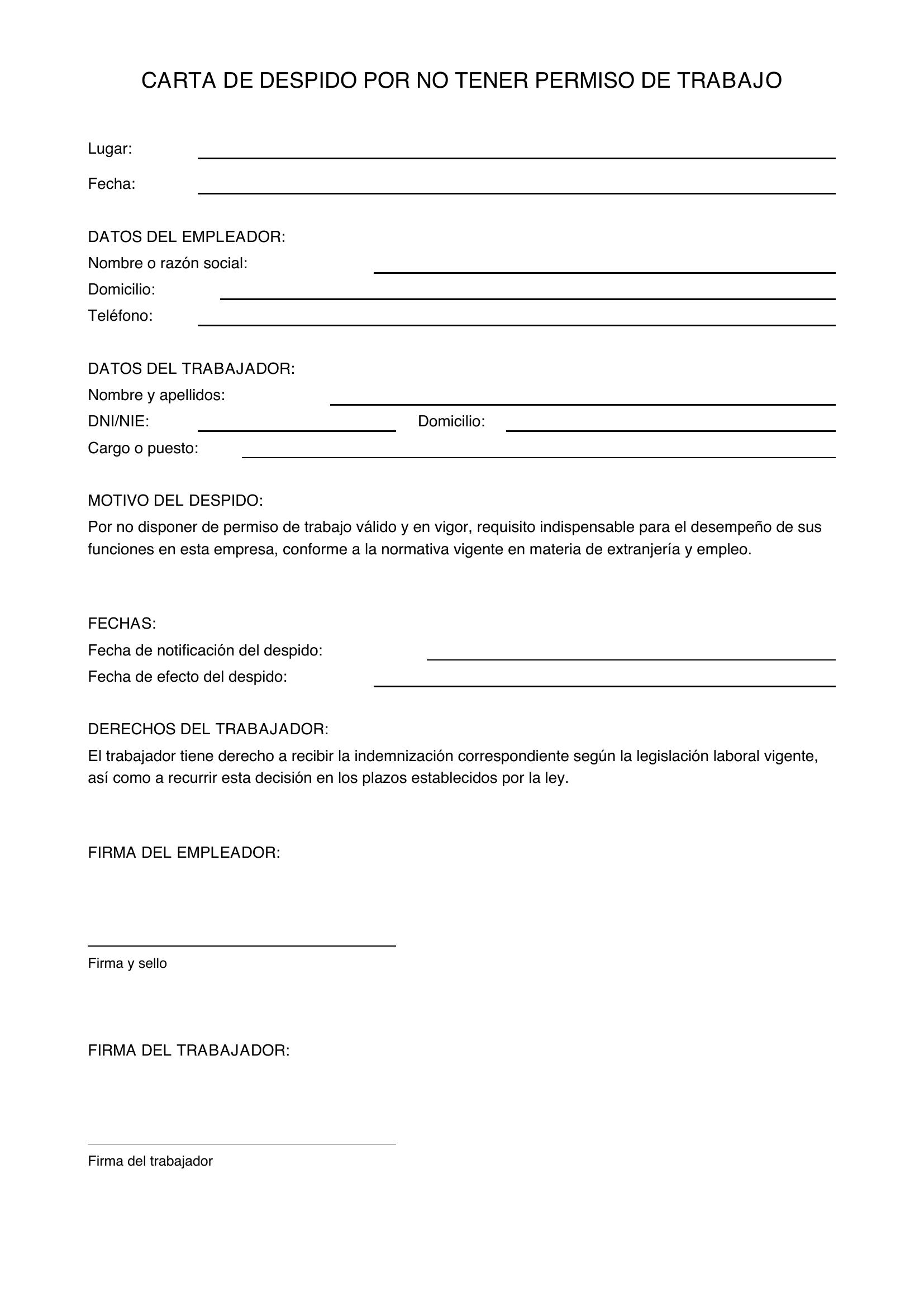 Modelo Carta Despido Por No Tener Permiso De Trabajo