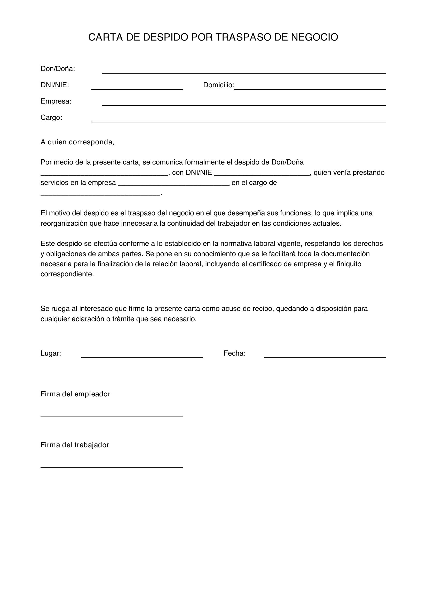 Modelo Carta Despido Por Traspaso Negocio