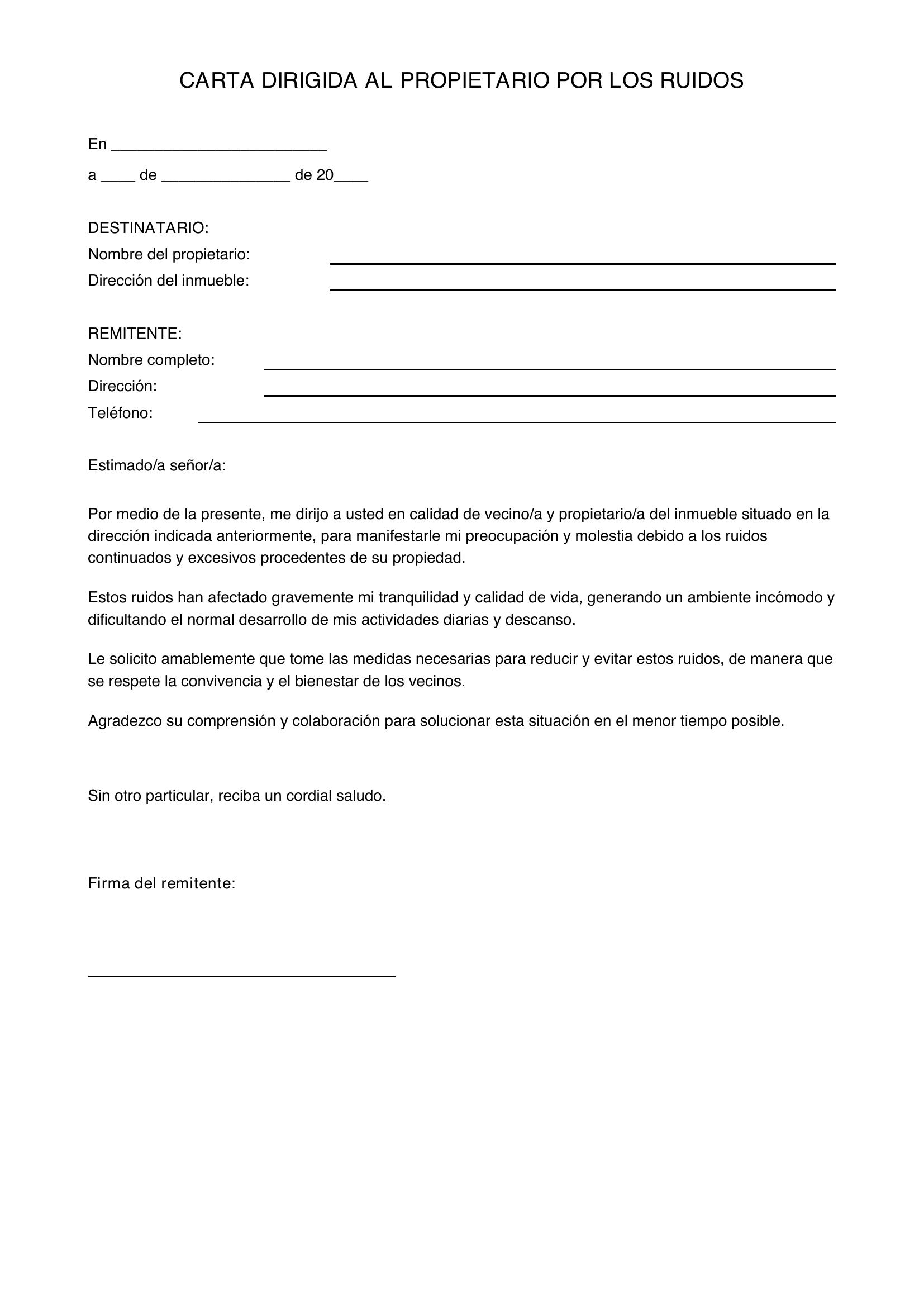 Modelo De Carta Dirigida A Un Propietario Por Los Ruidos