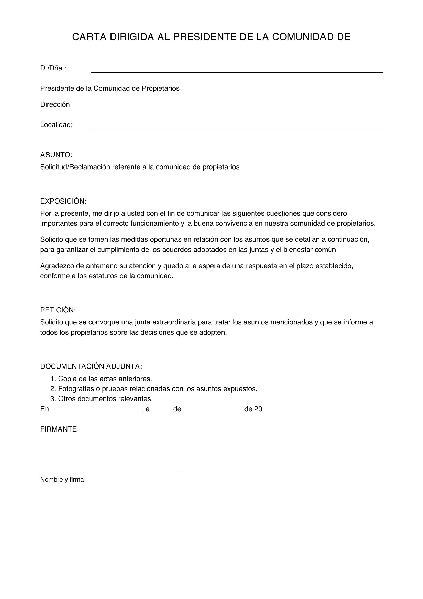 Carta Dirigida Al Presidente De La Comunidad De Propietarios