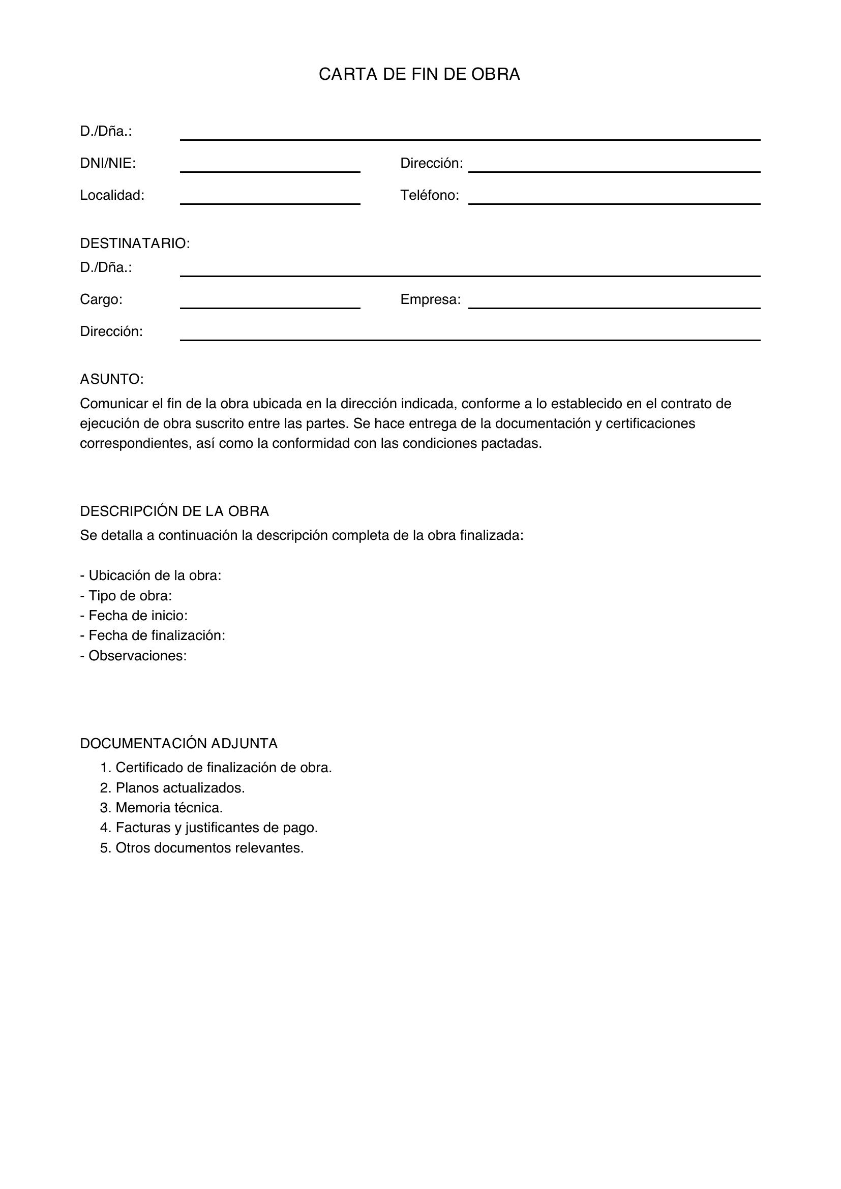 Modelo Carta Fin De Obra Construcción