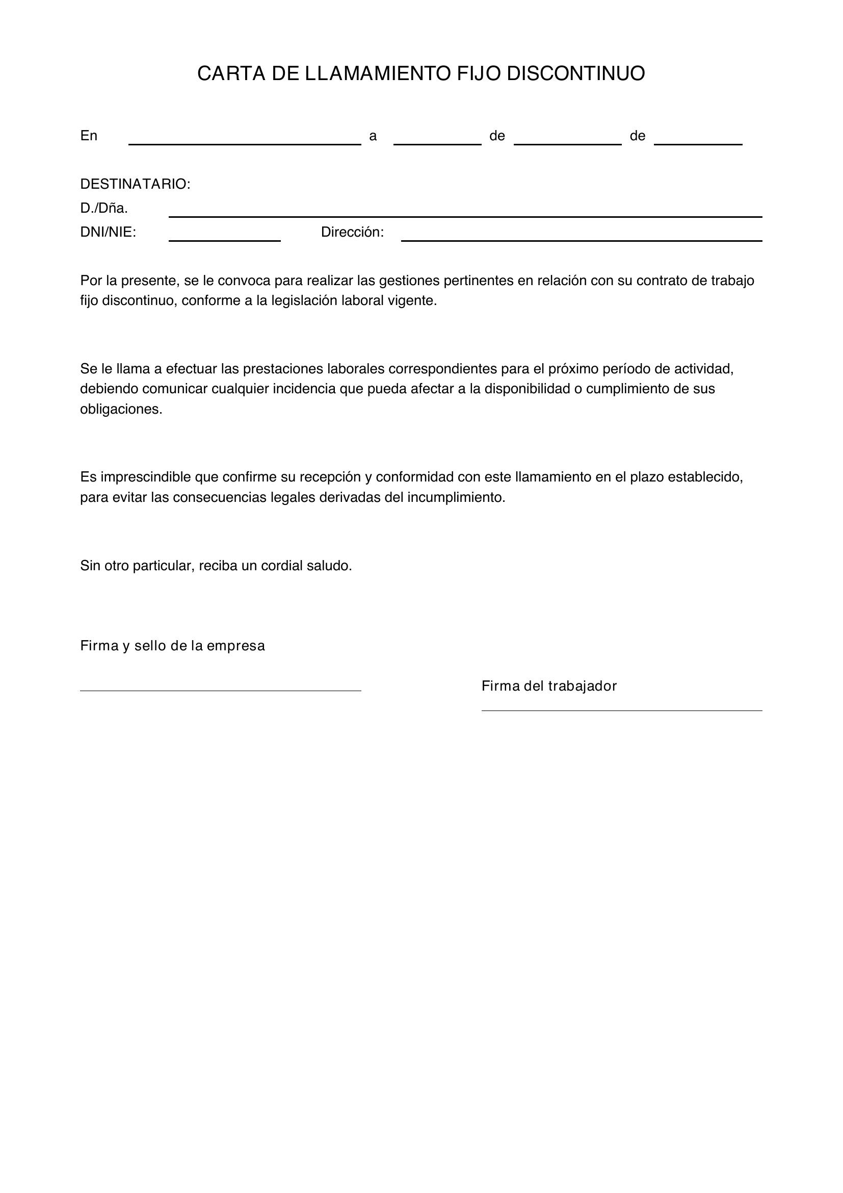 Modelo Carta Llamamiento Fijo Discontinuo