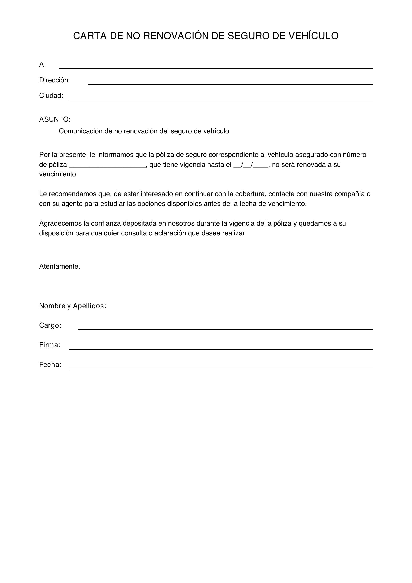Carta No Renovacion Seguro Coche
