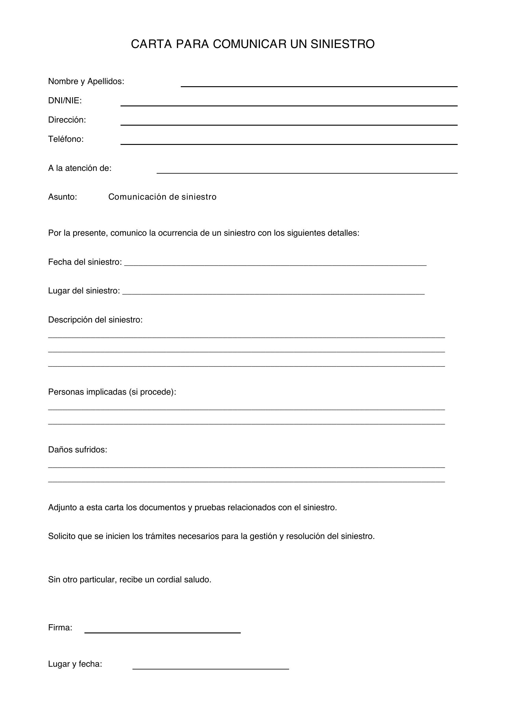 Modelo De Carta Para Comunicar Un Siniestro