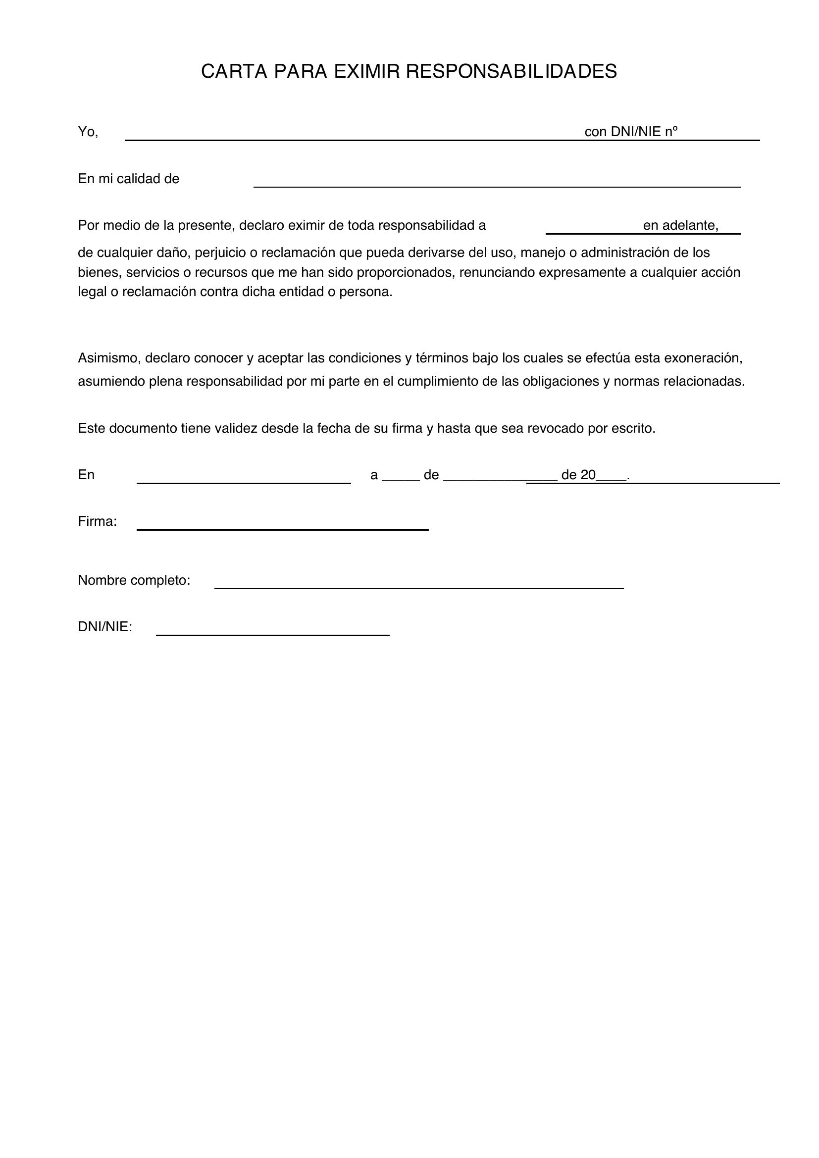 Modelo De Carta Para Eximir Responsabilidades