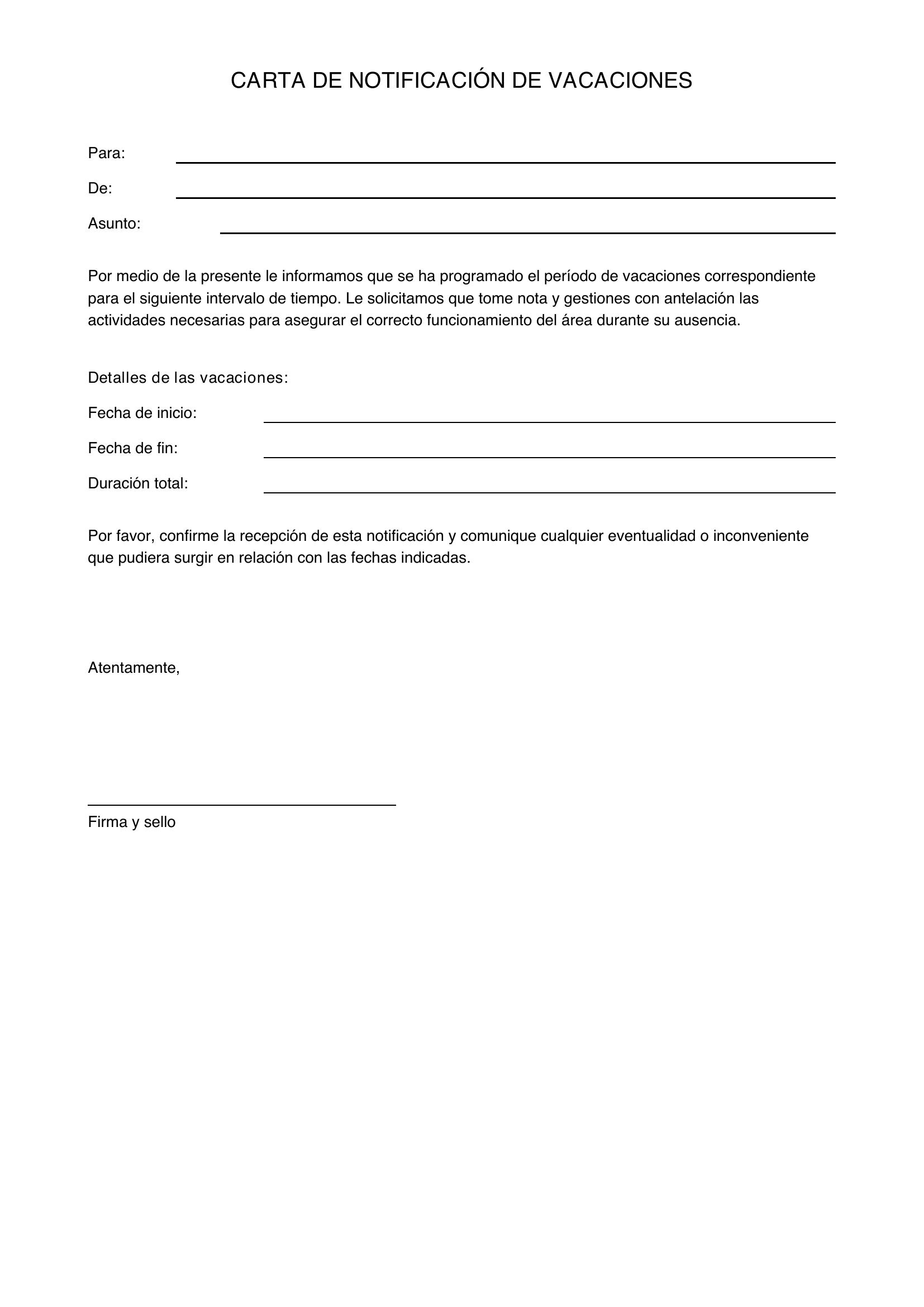 Modelo De Carta Para Notificar Vacaciones A Empleados