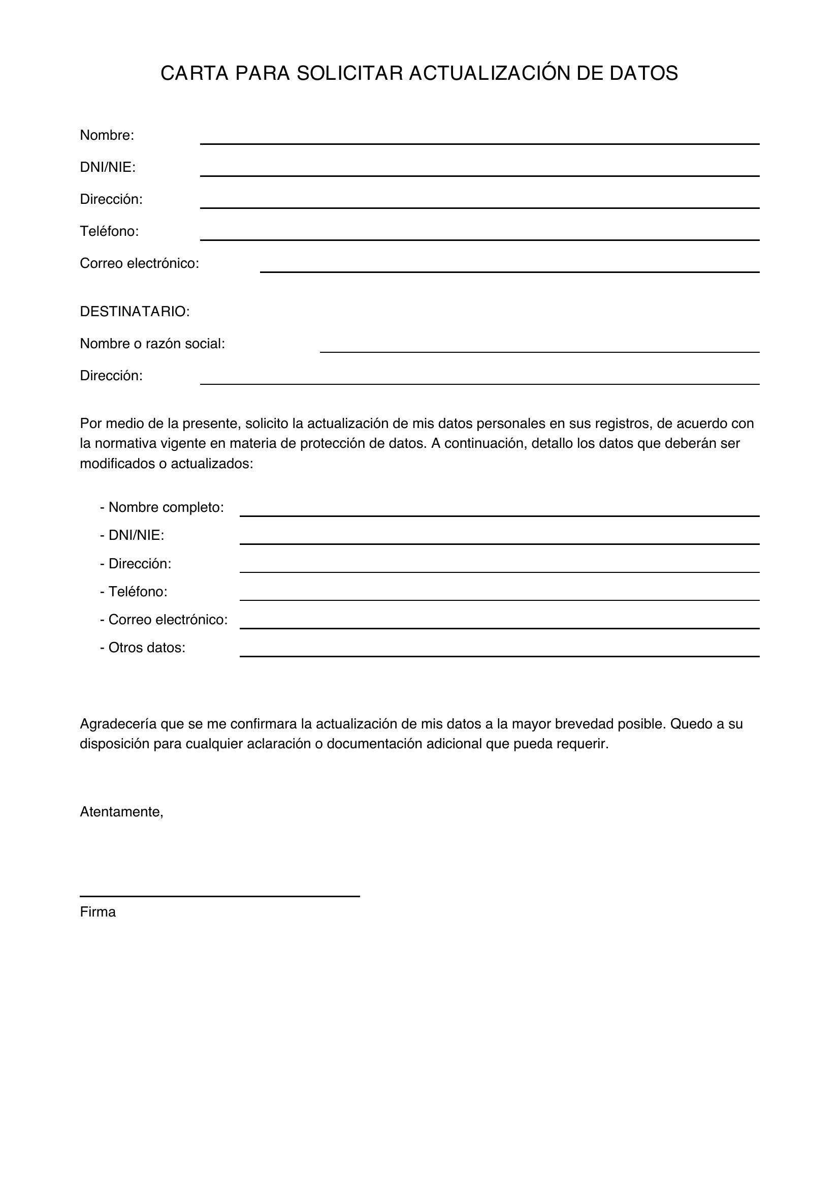 Ejemplo De Carta Para Solicitar Actualización De Datos