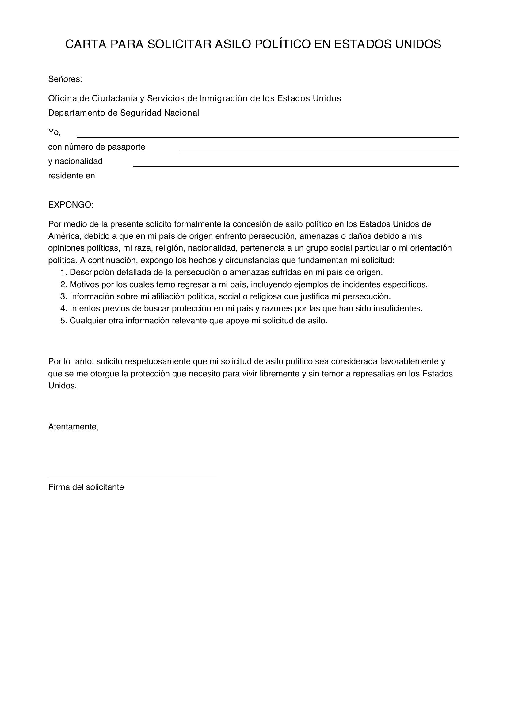 Modelo De Carta Para Solicitar Asilo Político En Estados Unidos