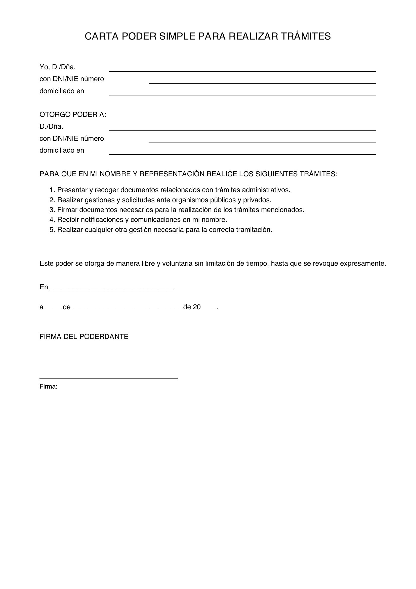 Modelo De Carta Poder Simple Para Realizar Trámites