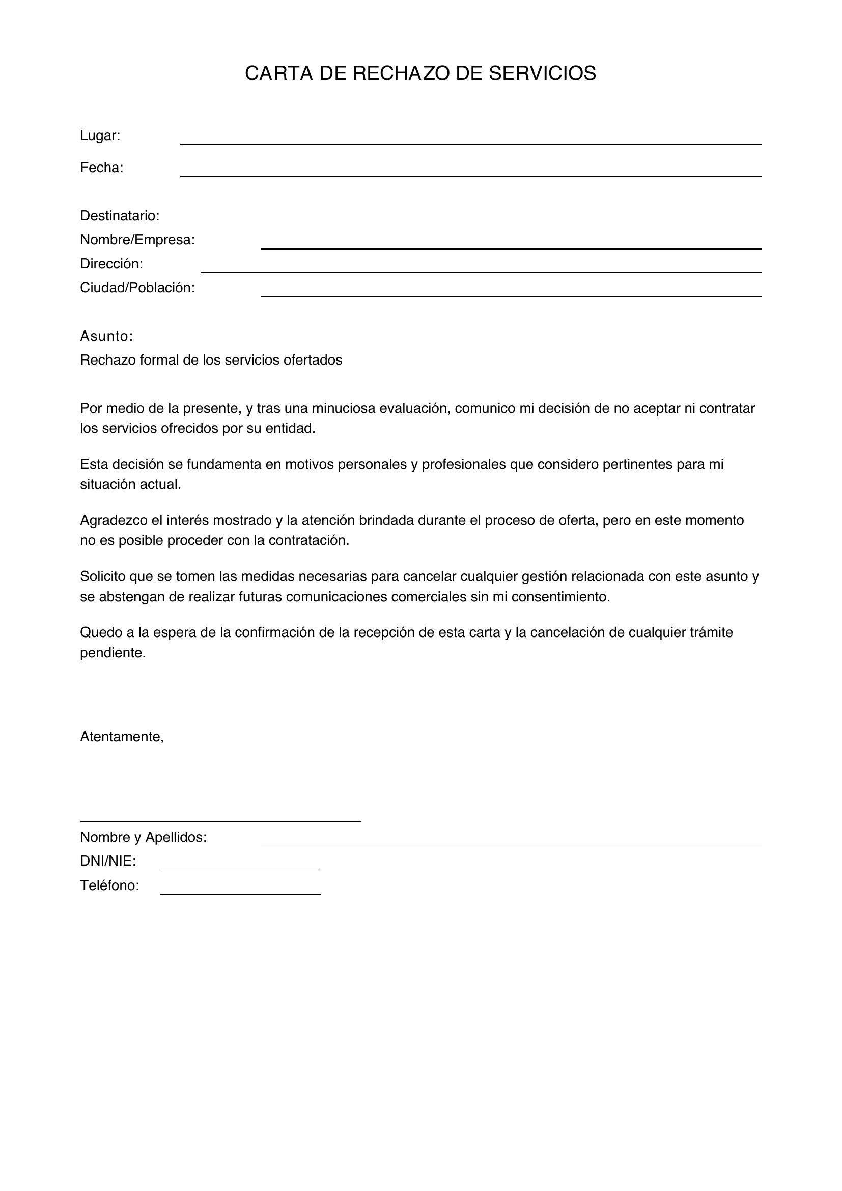 Modelo Carta Rechazo Servicios