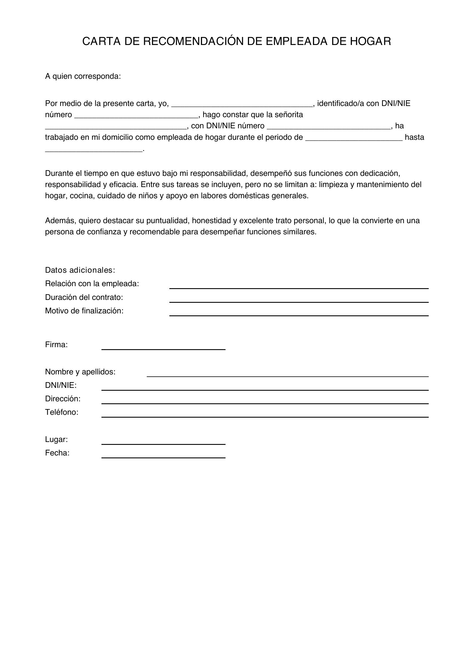 Carta Recomendacion Empleada Hogar