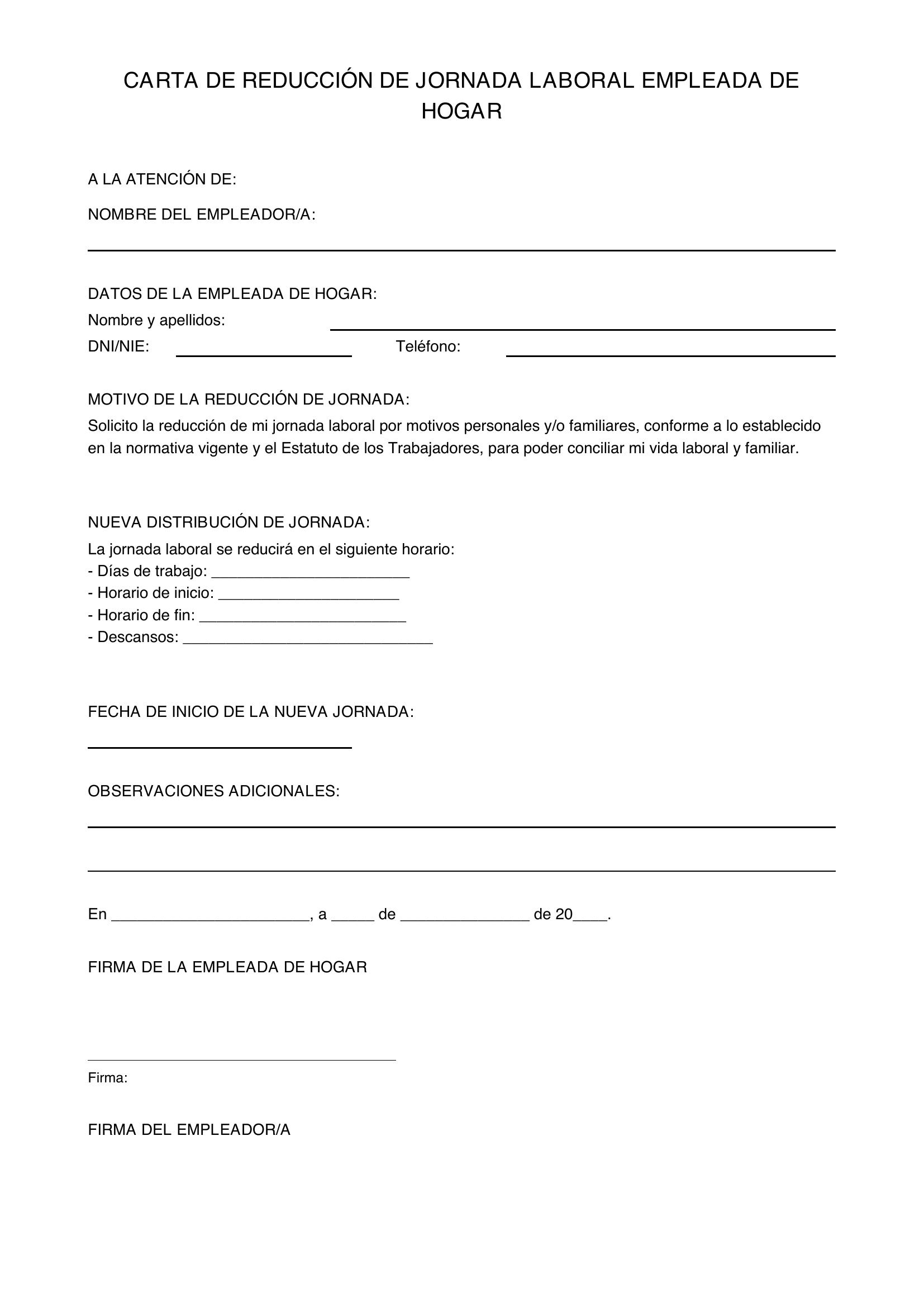 Modelo Carta Reducción Jornada Empleada Hogar