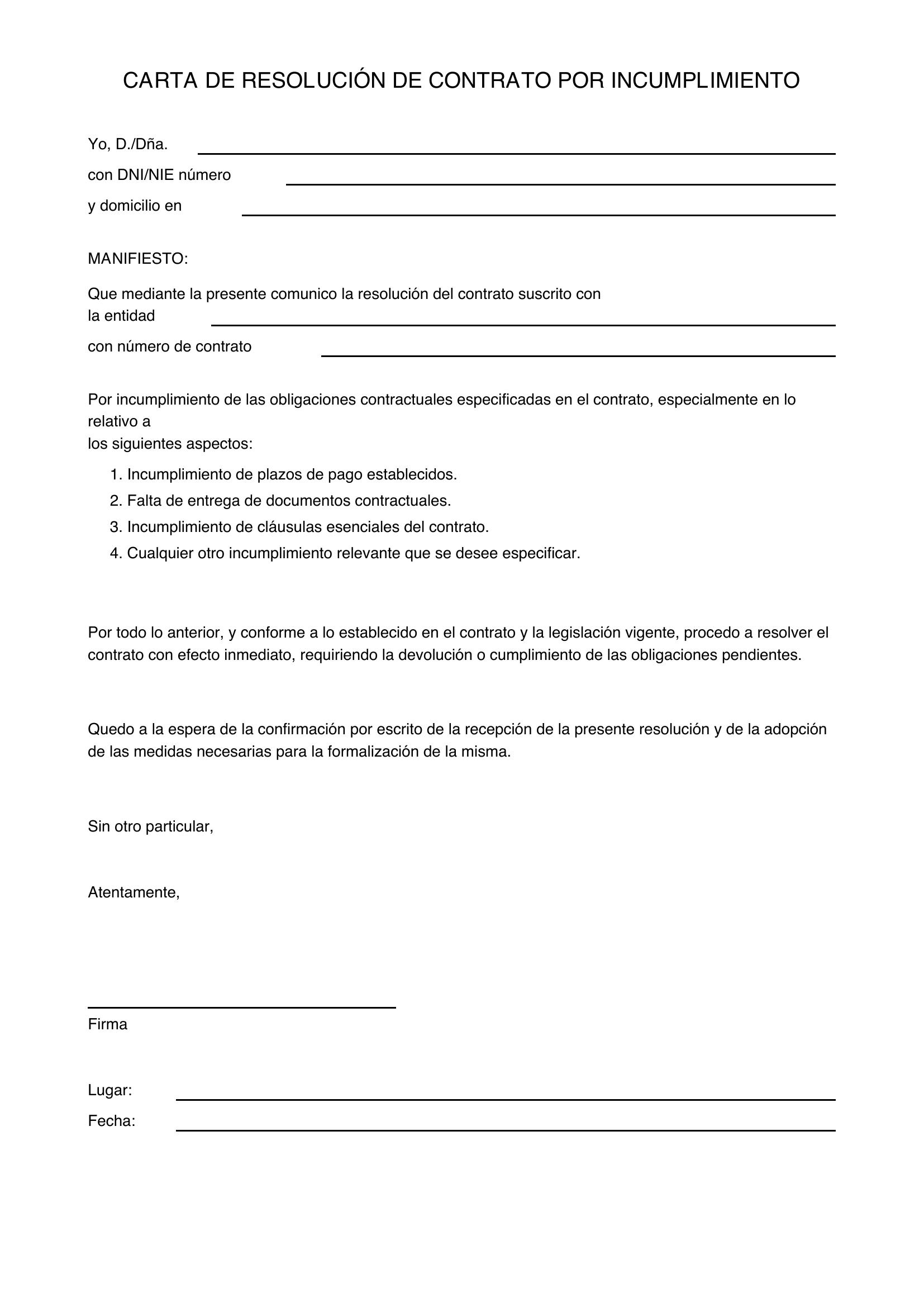 Modelo Carta Resolución Contrato Por Incumplimiento