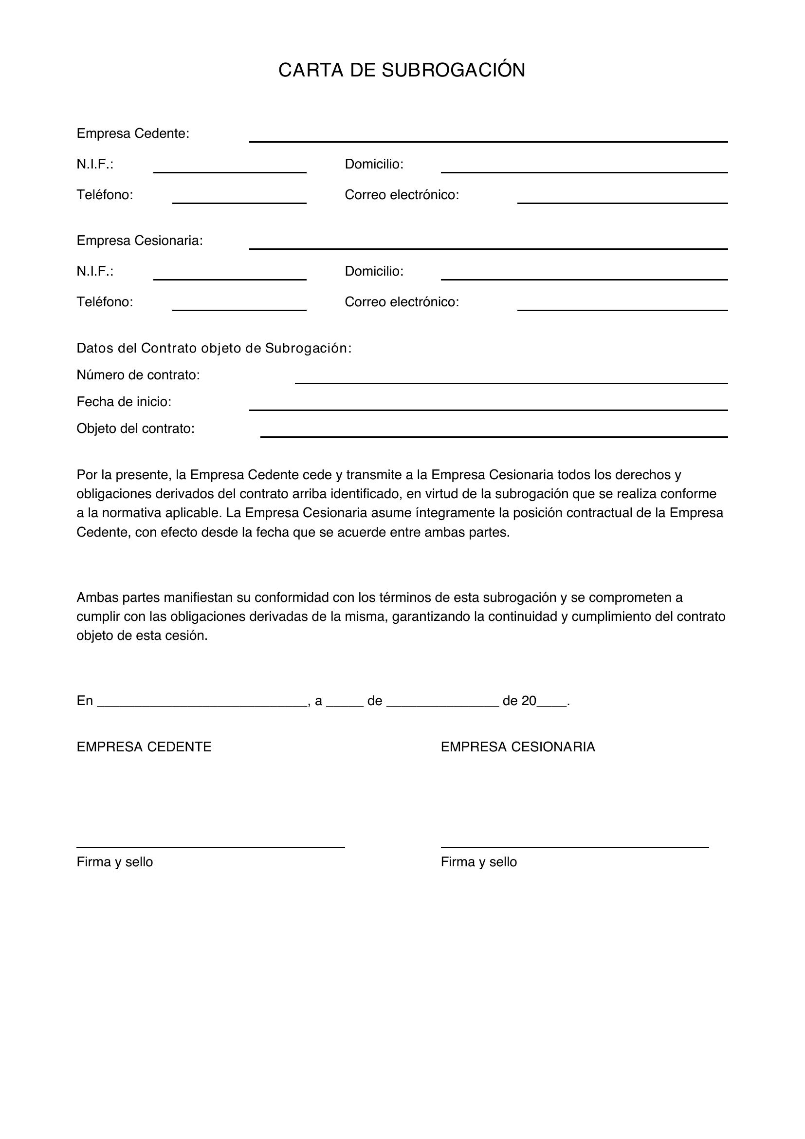 Modelo Carta Subrogación Empresa Limpieza