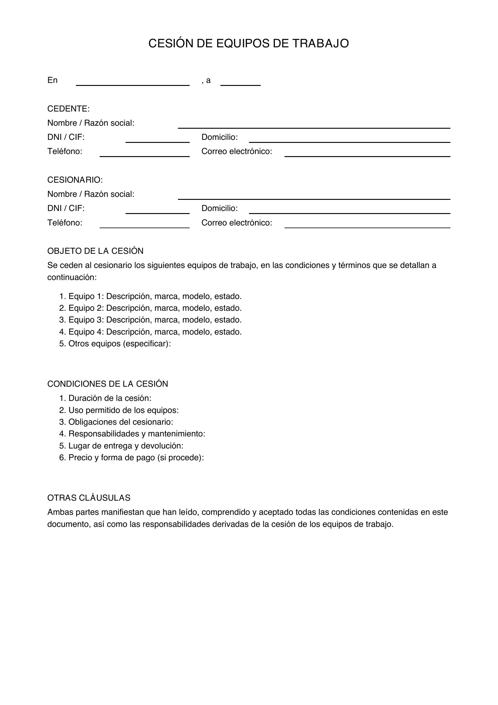 Modelo Cesión De Equipos De Trabajo