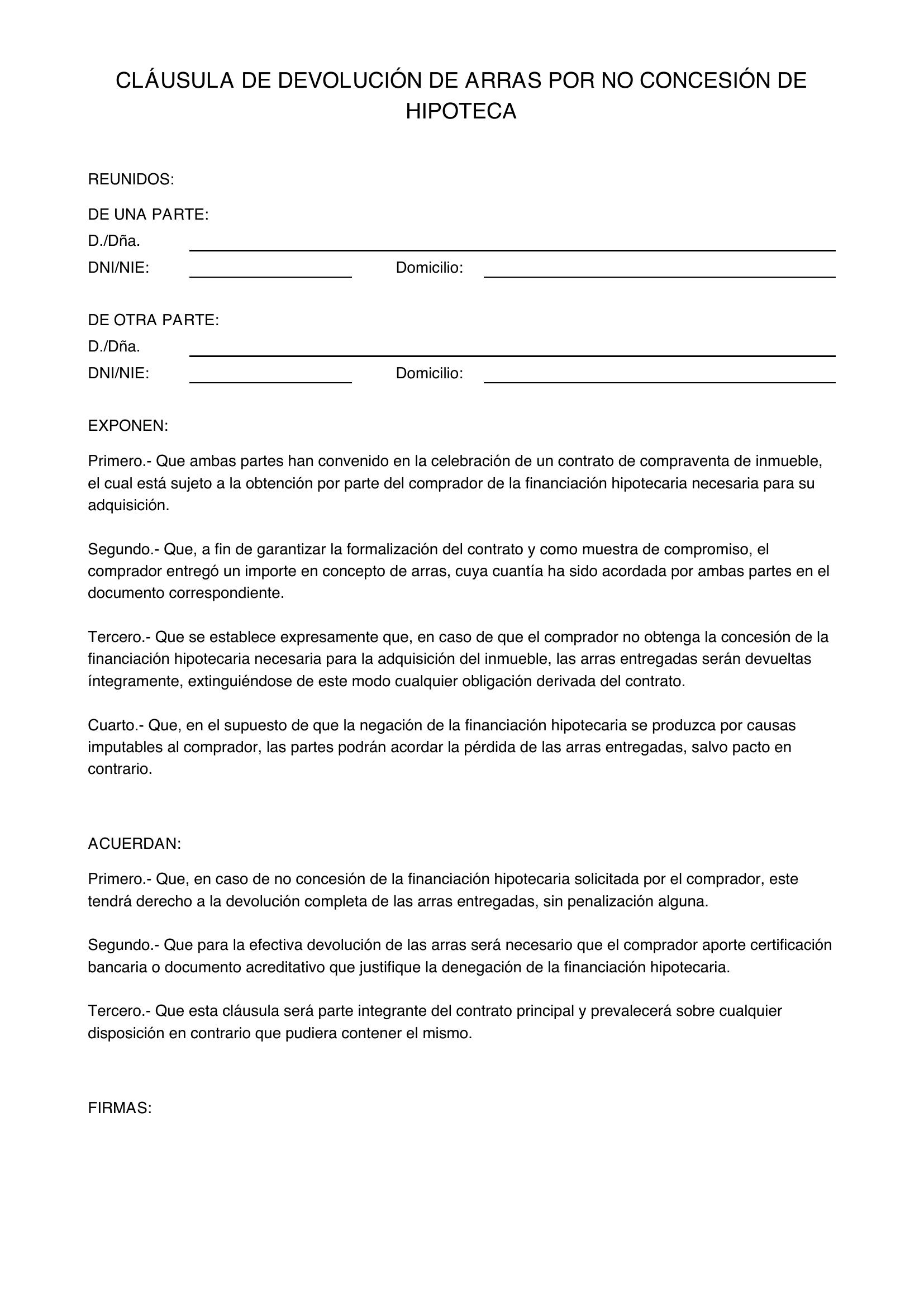 Modelo De Cláusula De Devolución De Arras Por No Concesión De Hipoteca