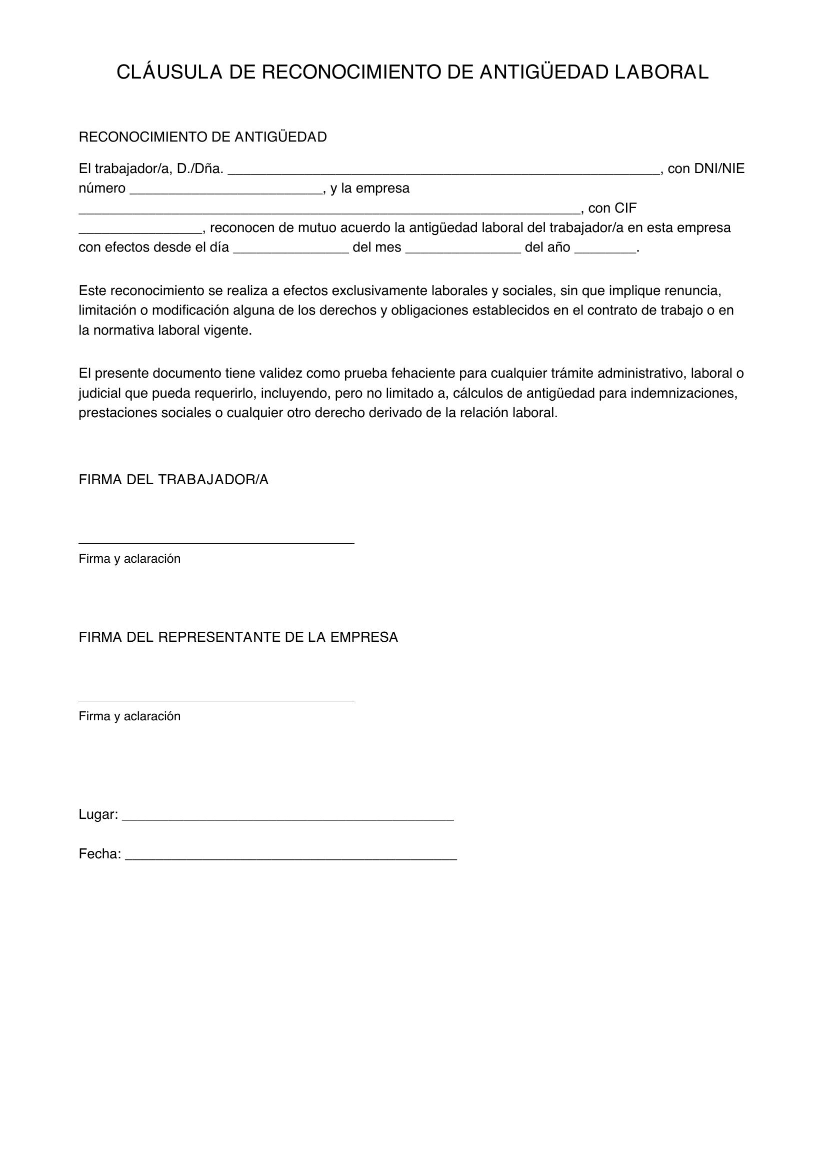 Modelo Cláusula Reconocimiento Antigüedad Laboral