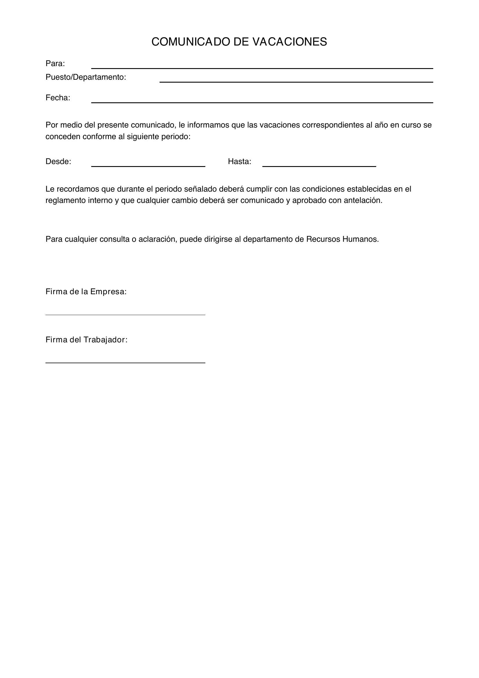 Comunicado Vacaciones Empresa A Trabajador