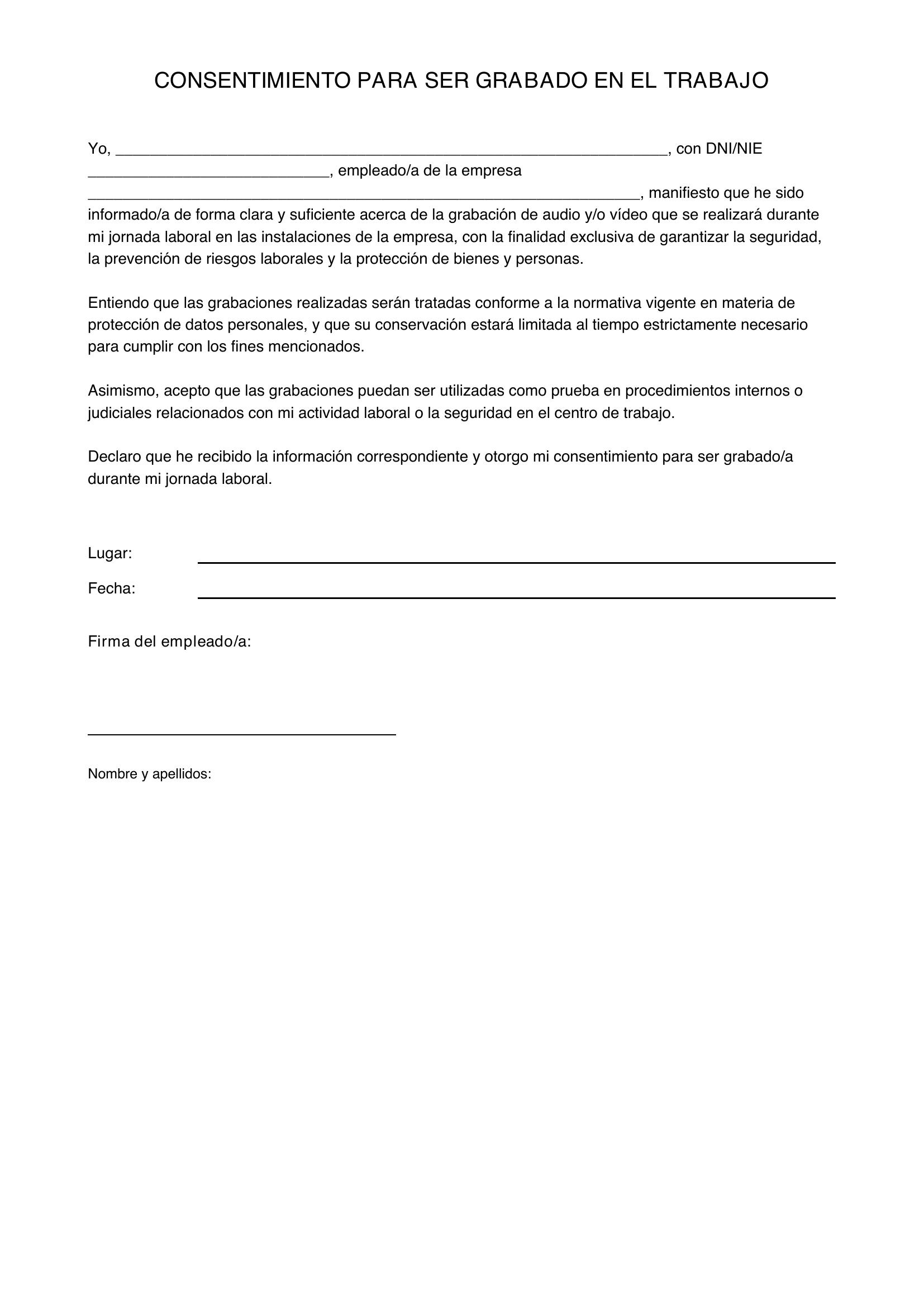Modelo Consentimiento Para Ser Grabado En El Trabajo
