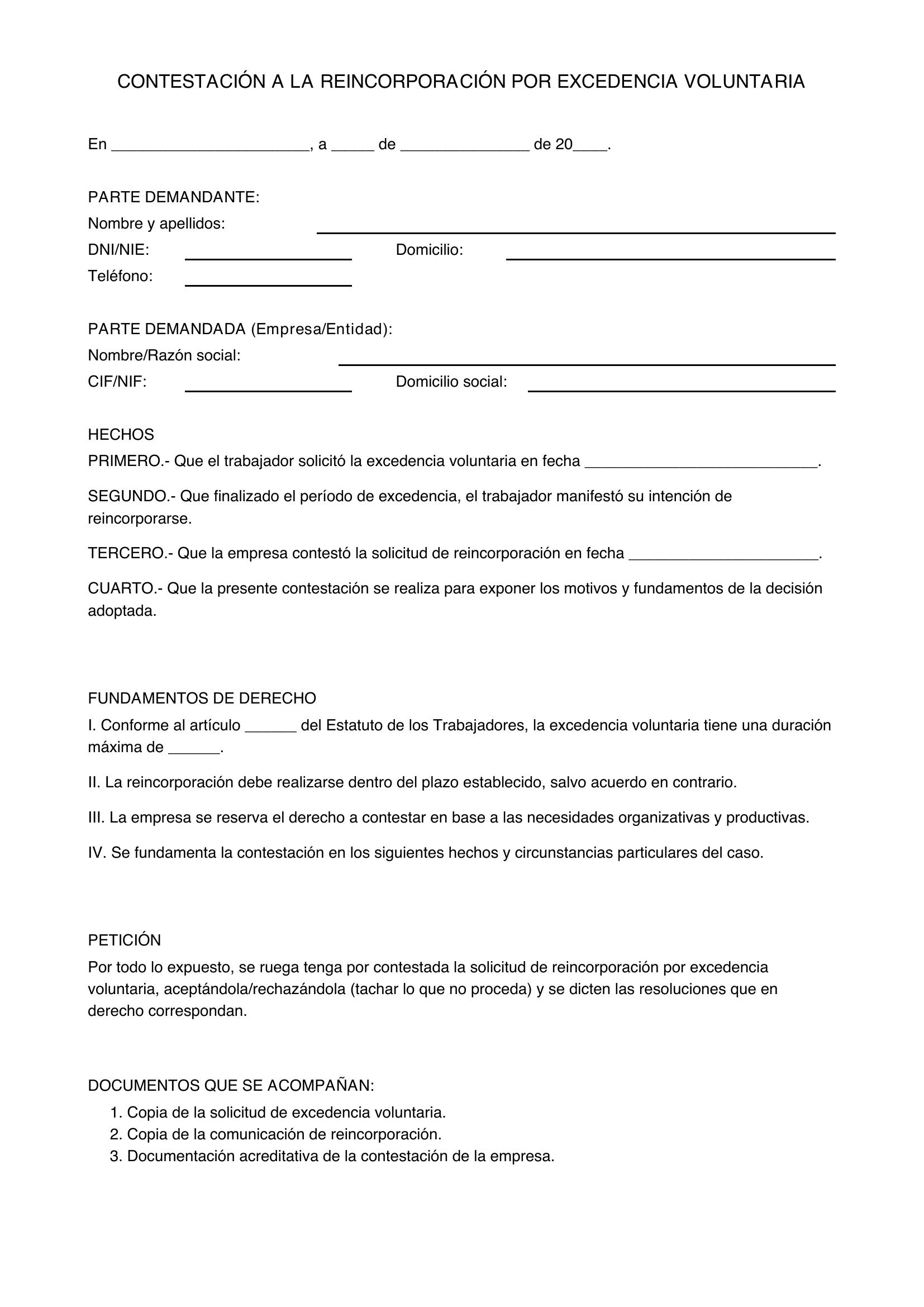 Modelo Contestación Reincorporación Excedencia Voluntaria