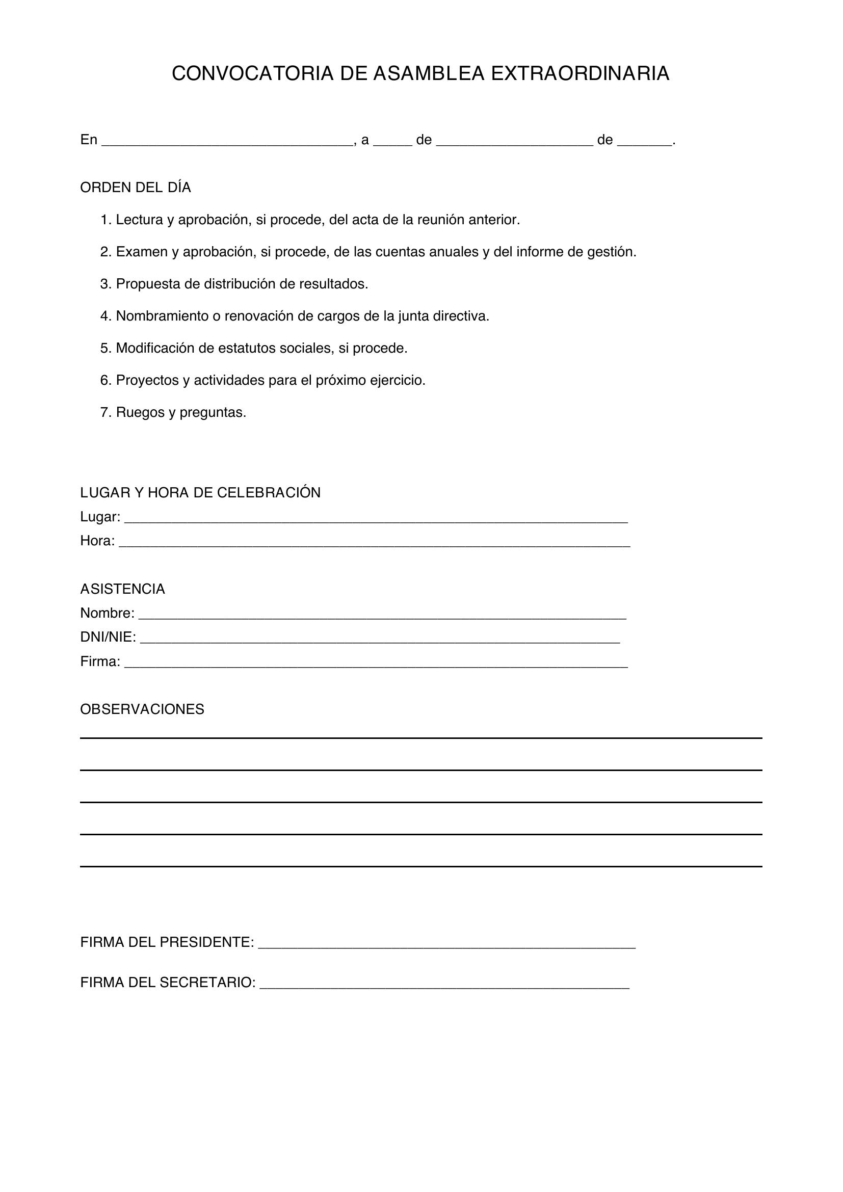 Modelo Convocatoria Asamblea Extraordinaria