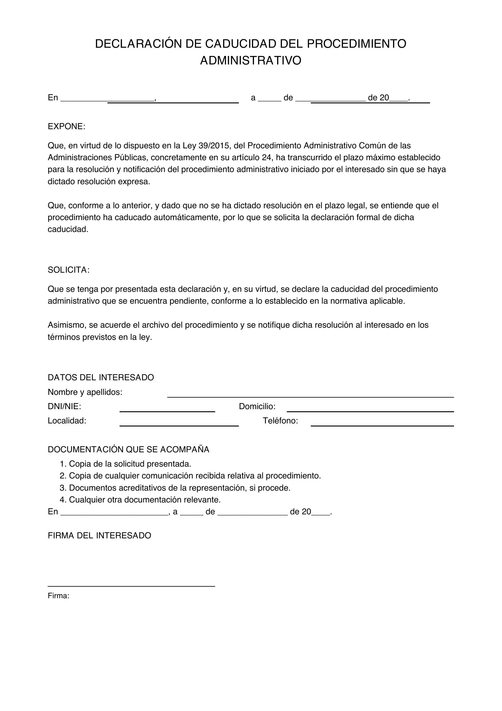 Modelo De Declaración De Caducidad Del Procedimiento Administrativo