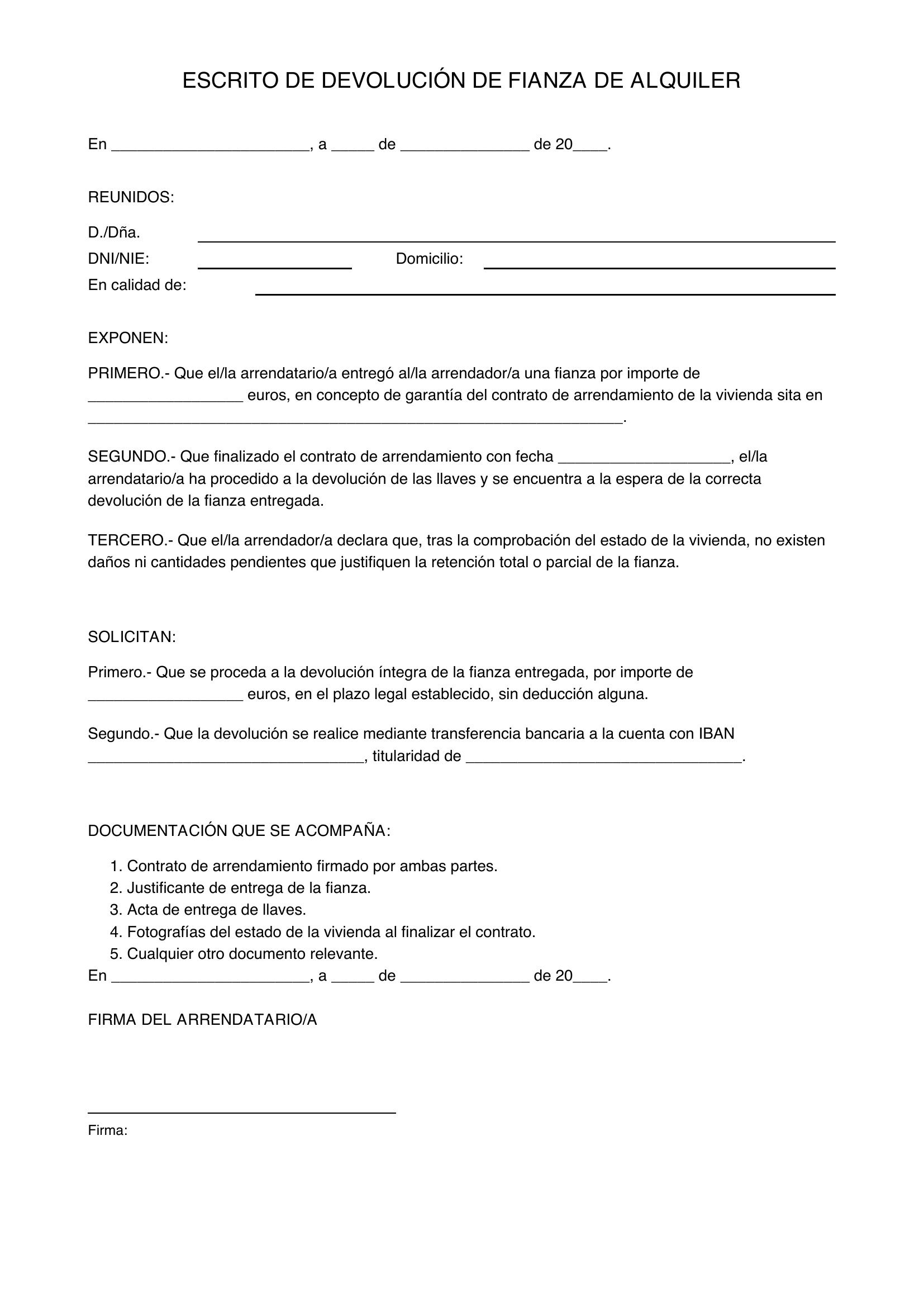 Modelo Devolución Fianza Alquiler